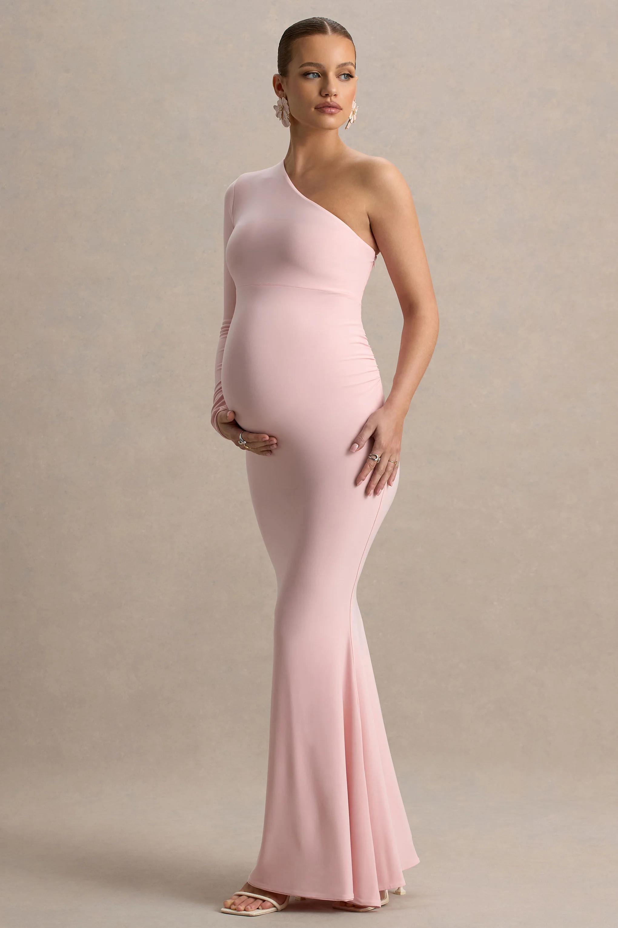 Heloise | Pink Asymmetric One-Sleeve Maternity Maxi Dress