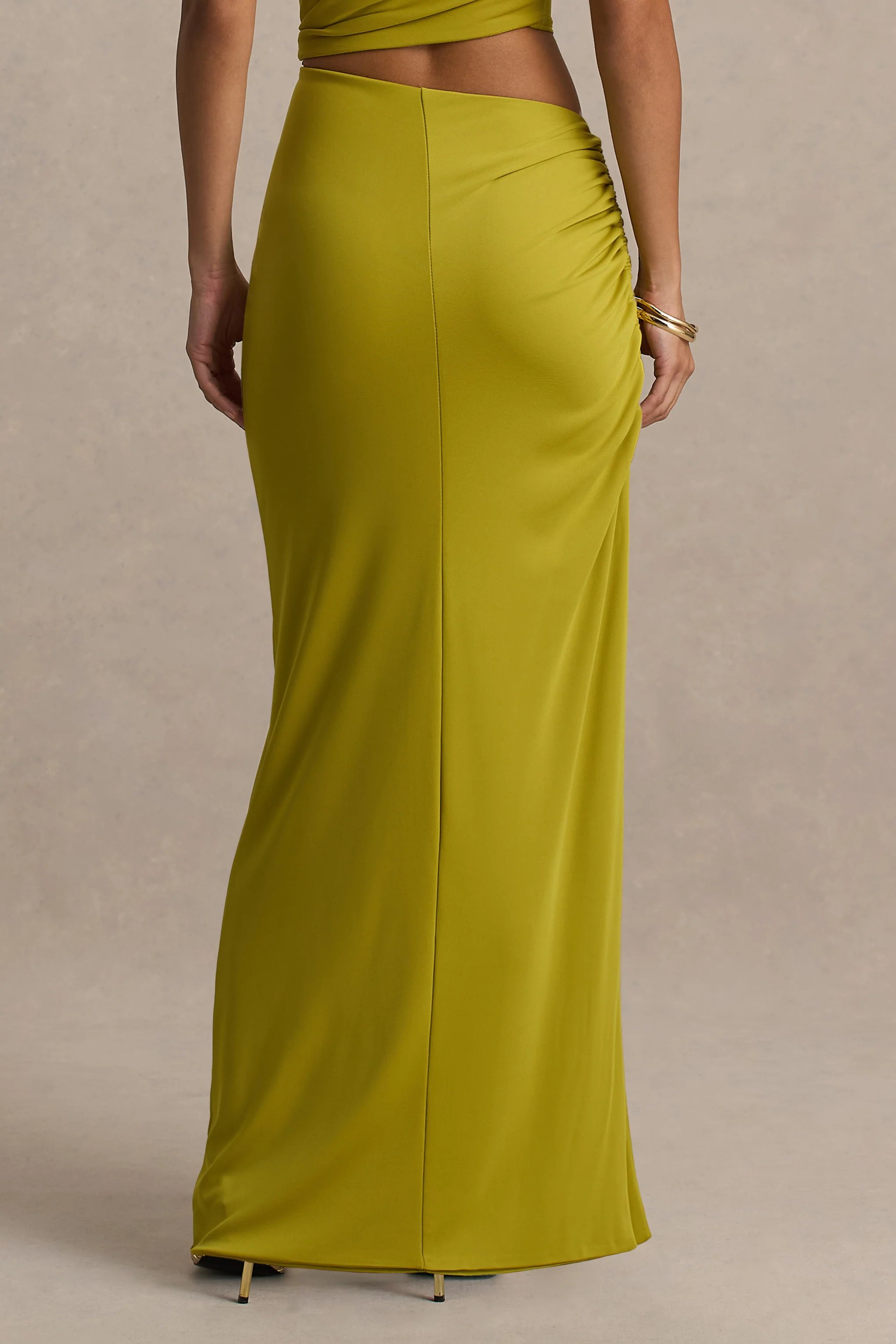 Margie | Green Maxi Skirt With Ruched Detail And Front High Split