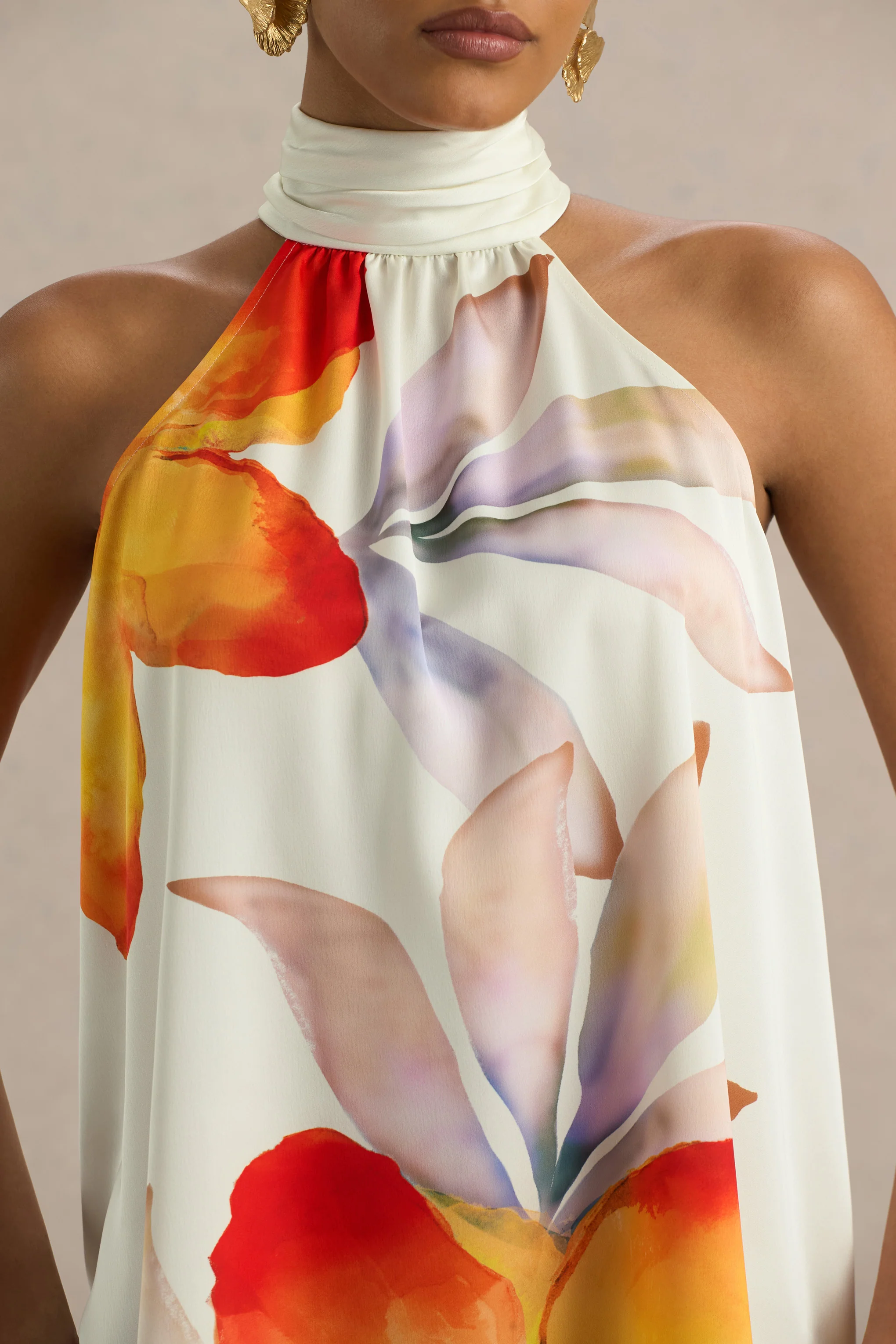 Evita | Orange Floral High-Neck Satin Mini Dress