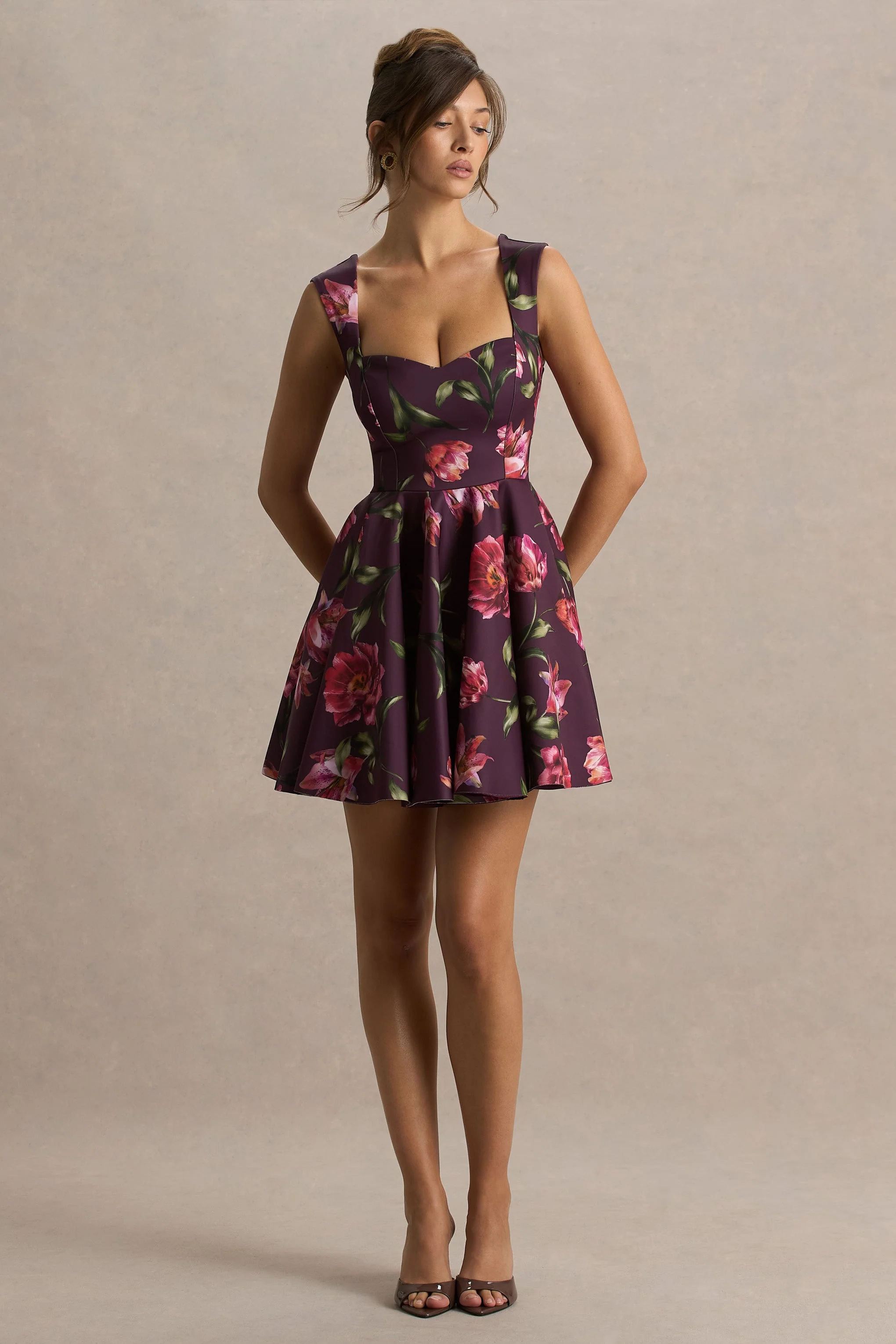 Magic | Burgundy Floral Print Sweetheart-Neck Mini Dress.
