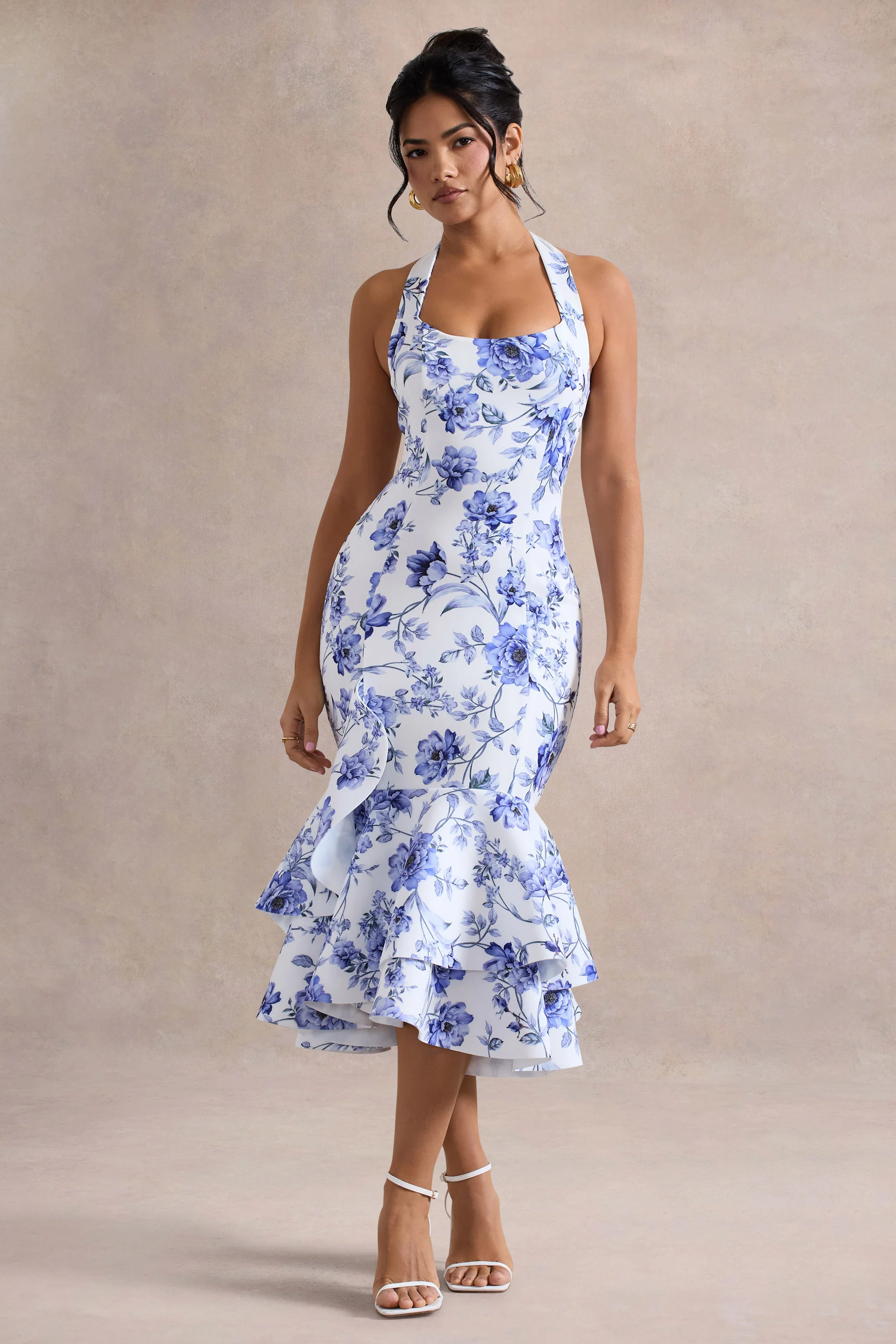 Arla | Blue Floral Halter-Neck Ruffle Trim Midi Dress