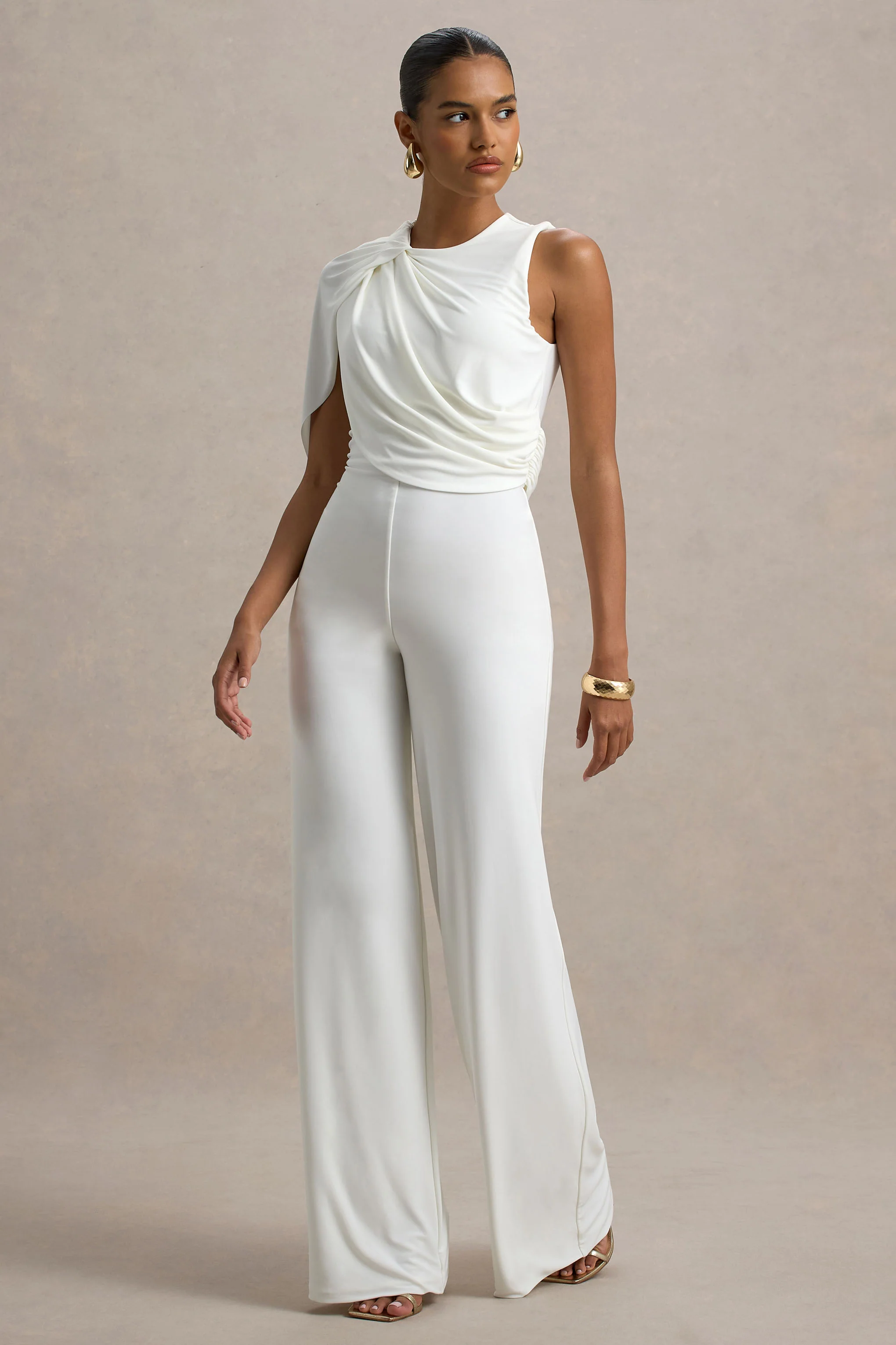 Opulence | White Jumpsuit With Cape Sleeve and Draped Details