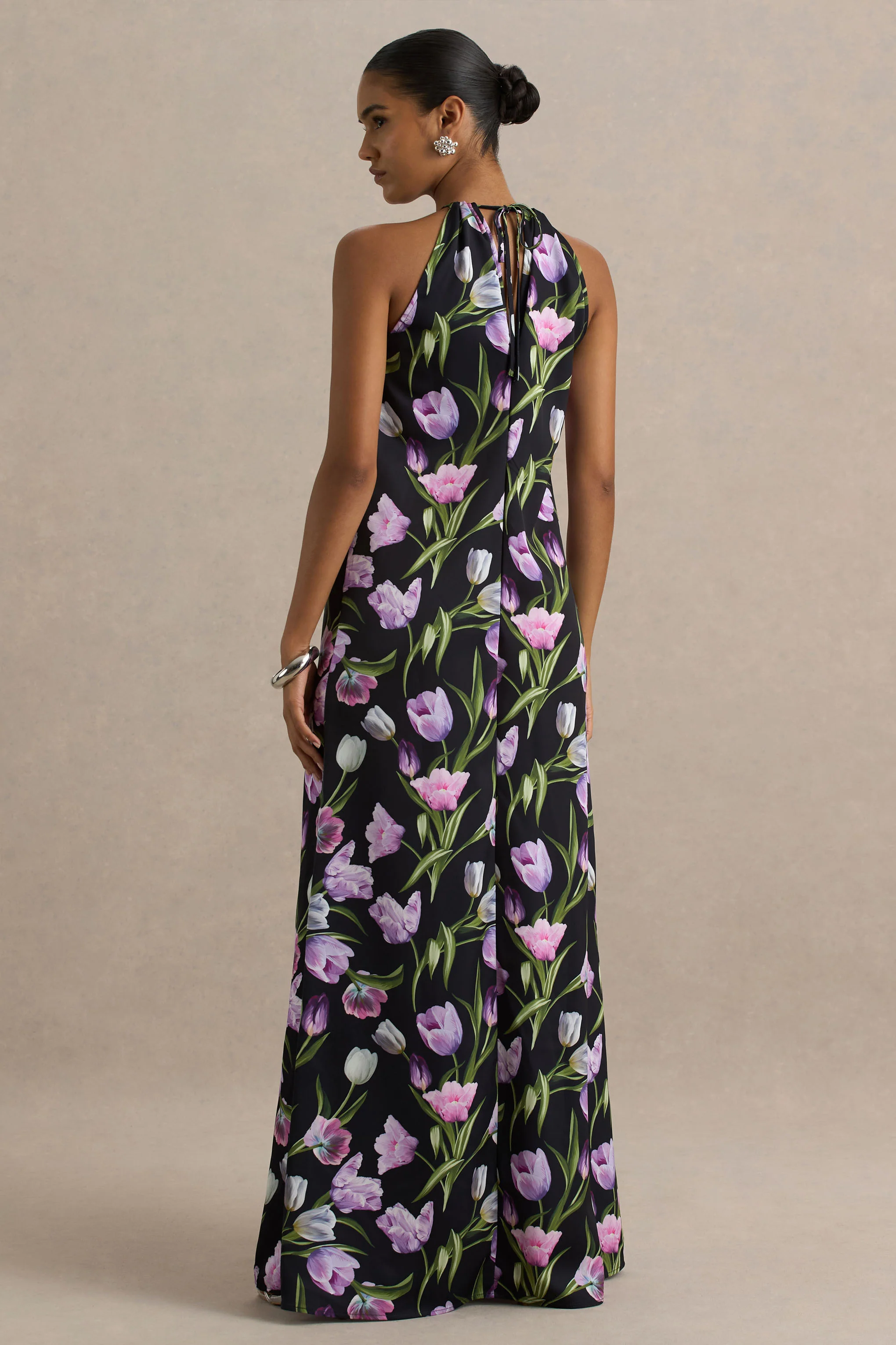 Svana | Black Satin Floral Asymmetric Halter-Neck Maxi Dress