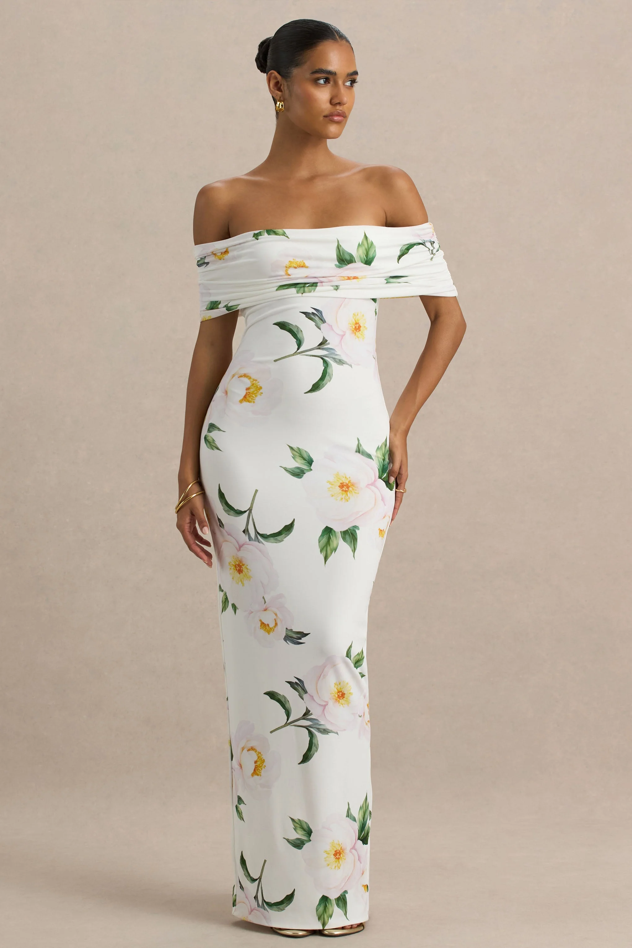 Capri | White Rose Print Bardot-Neck Maxi Dress With Ruched Detailing