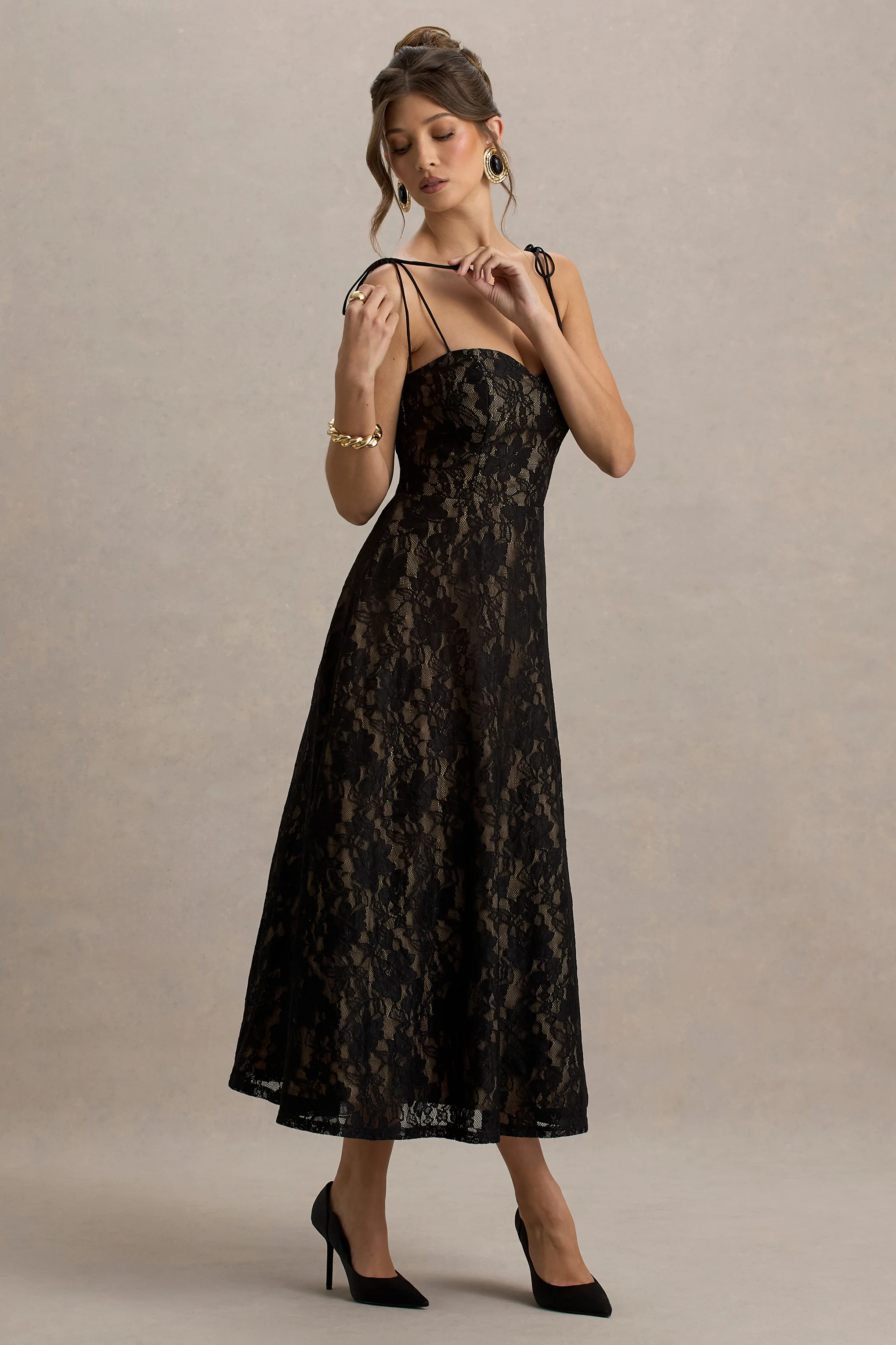 Sheridan | Black Lace Sweetheart Midi Dress With Backless Detail