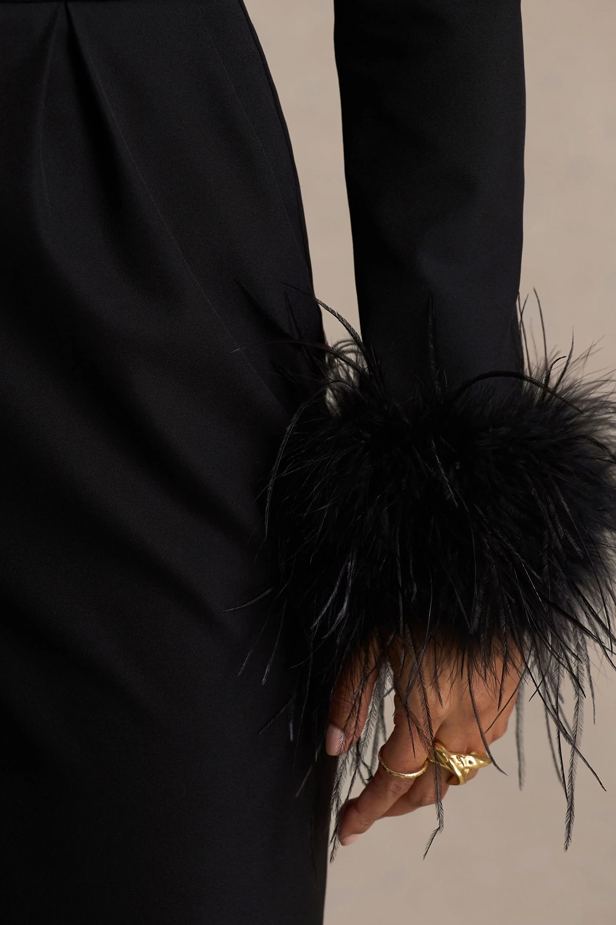 Lissy | Black Plunge-Neck Jumpsuit With Feather-Detailed Sleeves