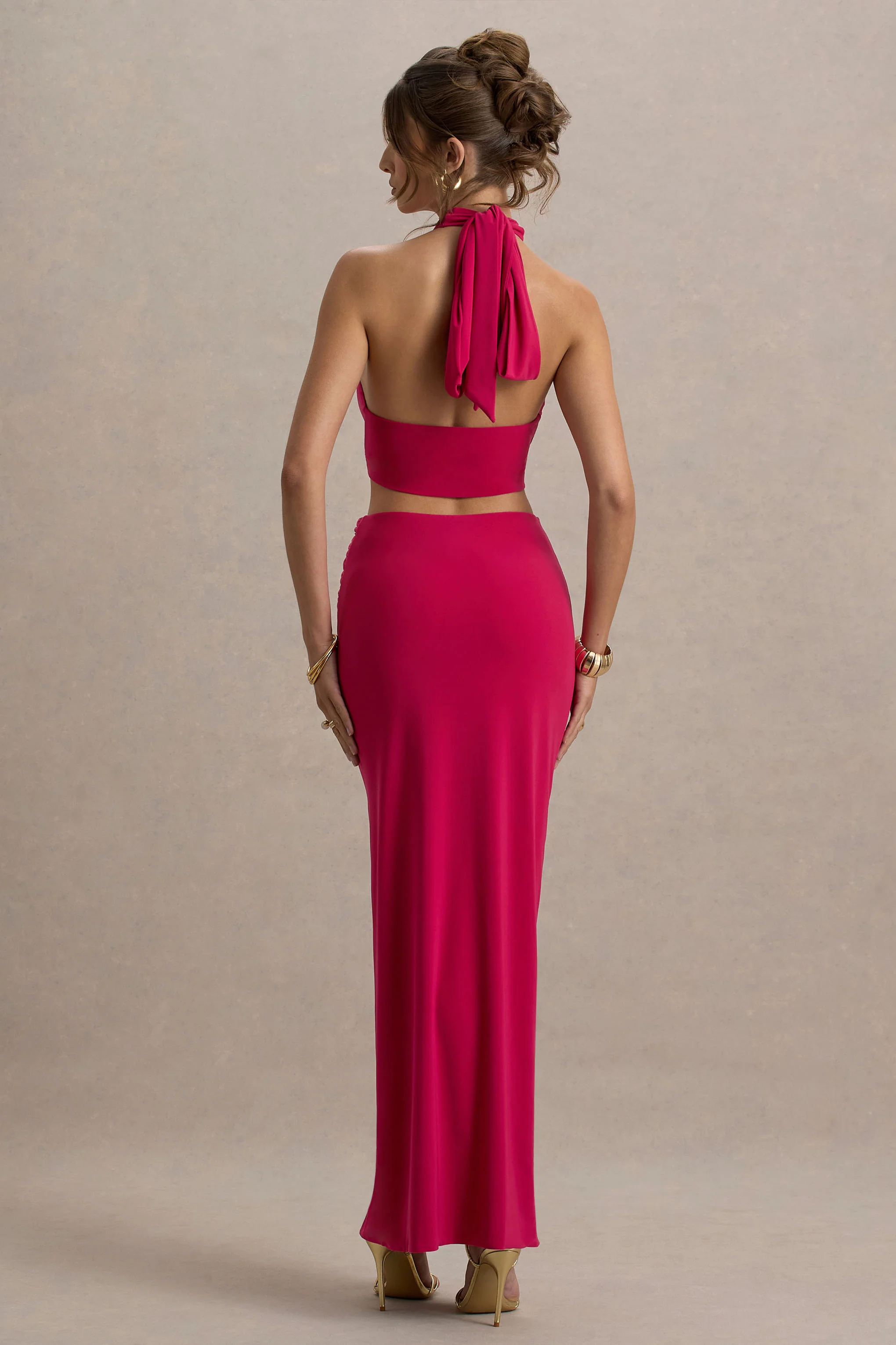 Aura | Hot Pink Halter-Neck Cut-Out Split Maxi Dress