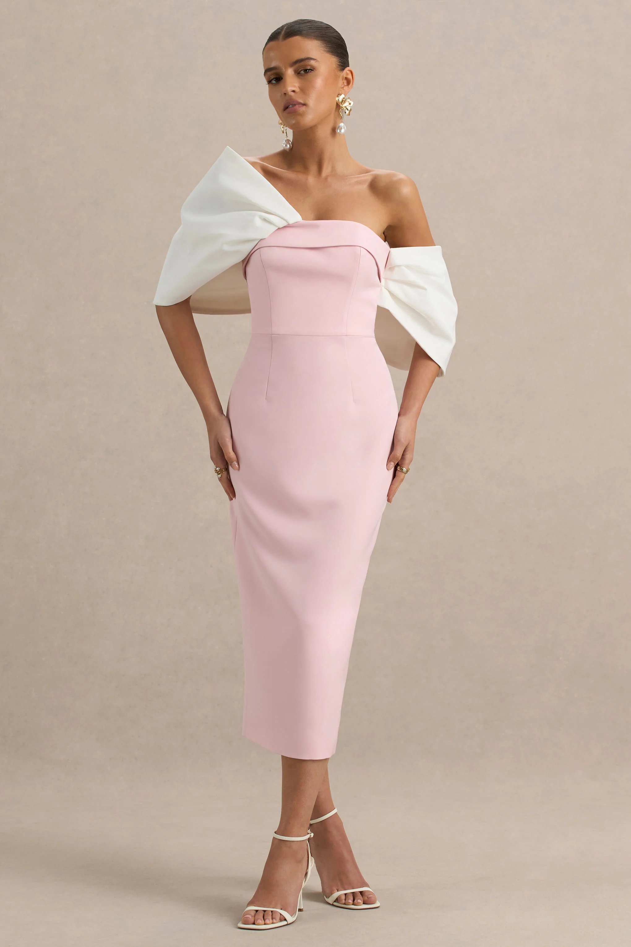 Lucille | Rose Pink & White Asymmetric Bardot Midi Dress