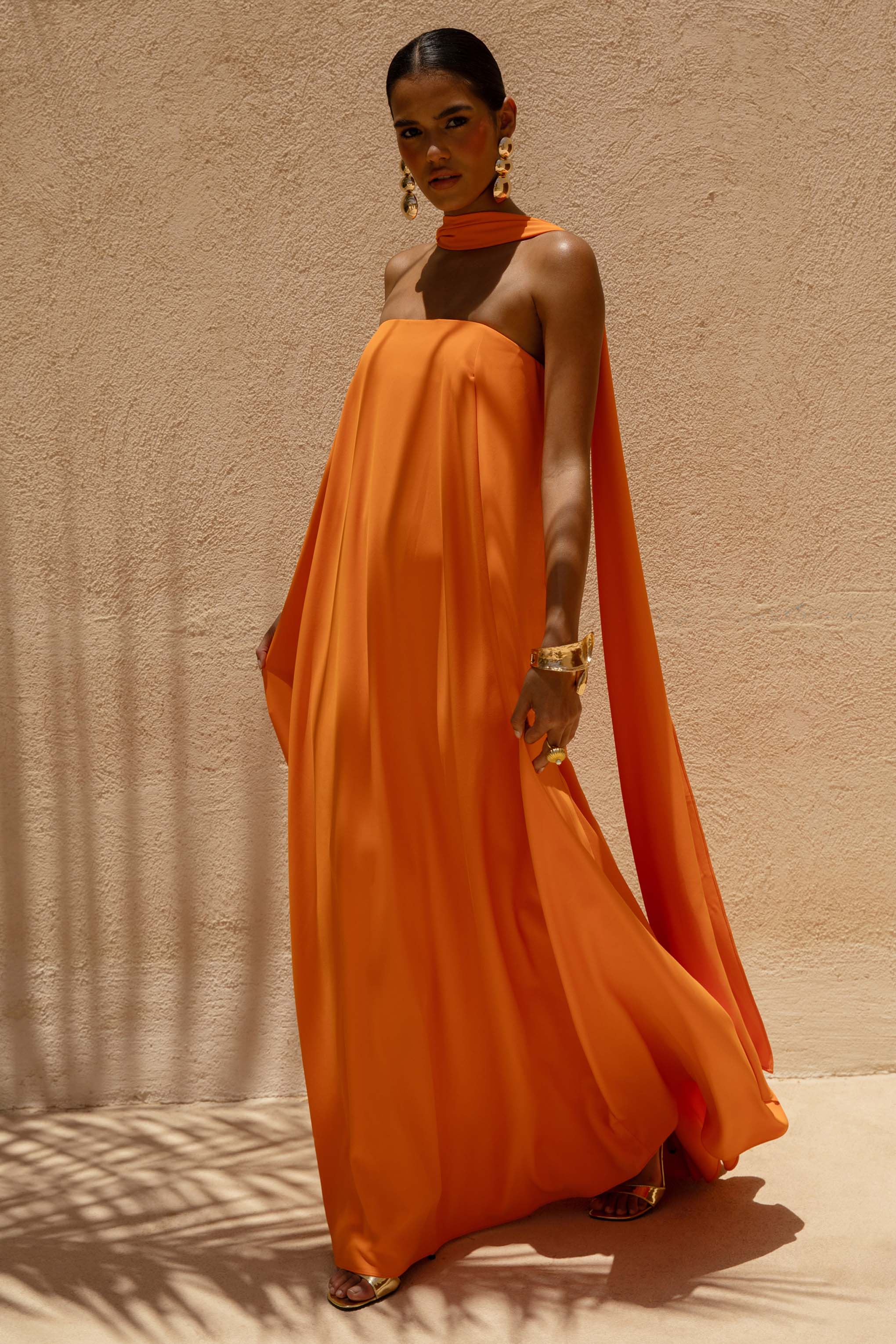 Cerise | Orange High-Neck Maxi Dress With Open-Back