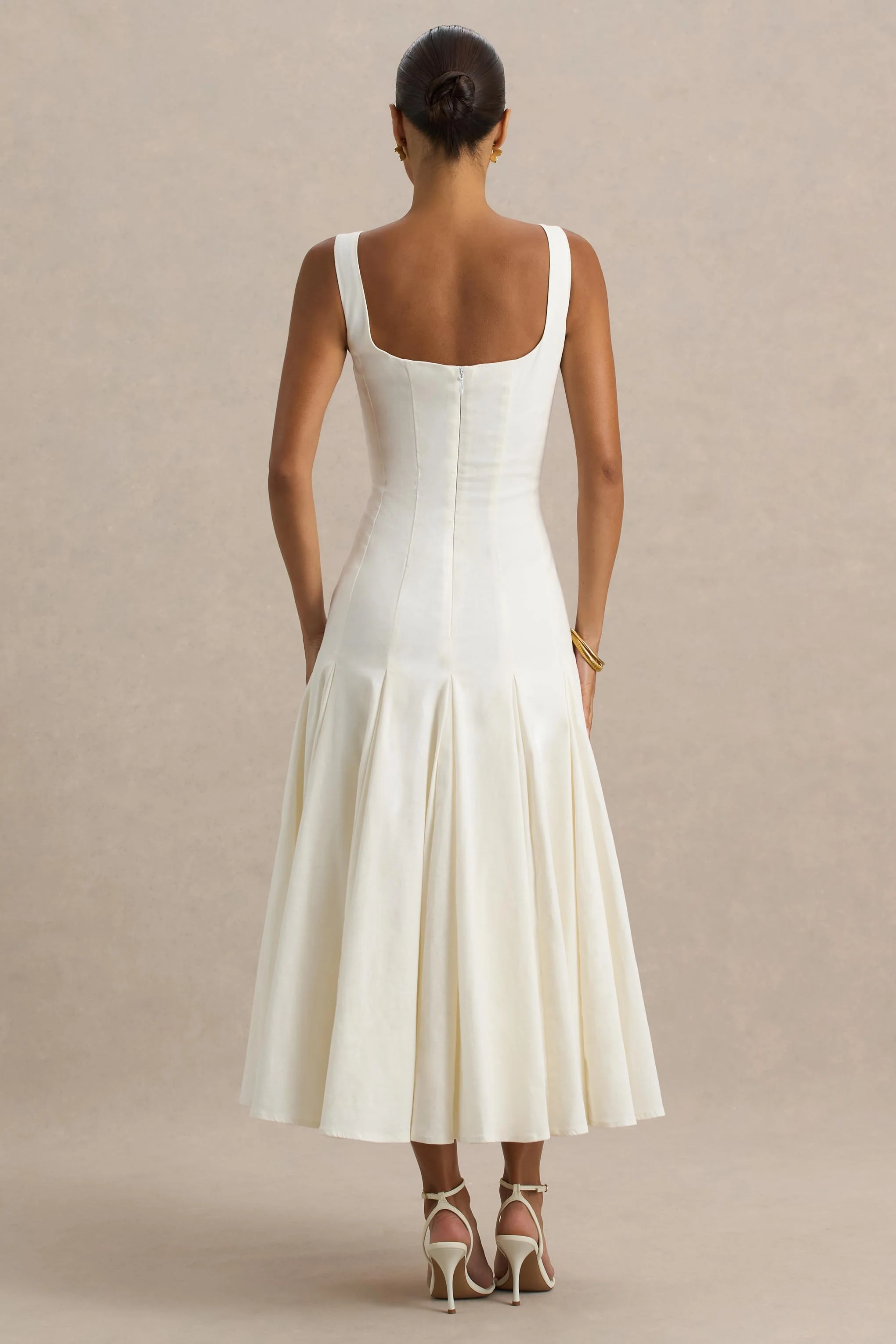 Magnolia | White Scoop-Neck Midi Dress With Drop-Waist And Ruffling Detail