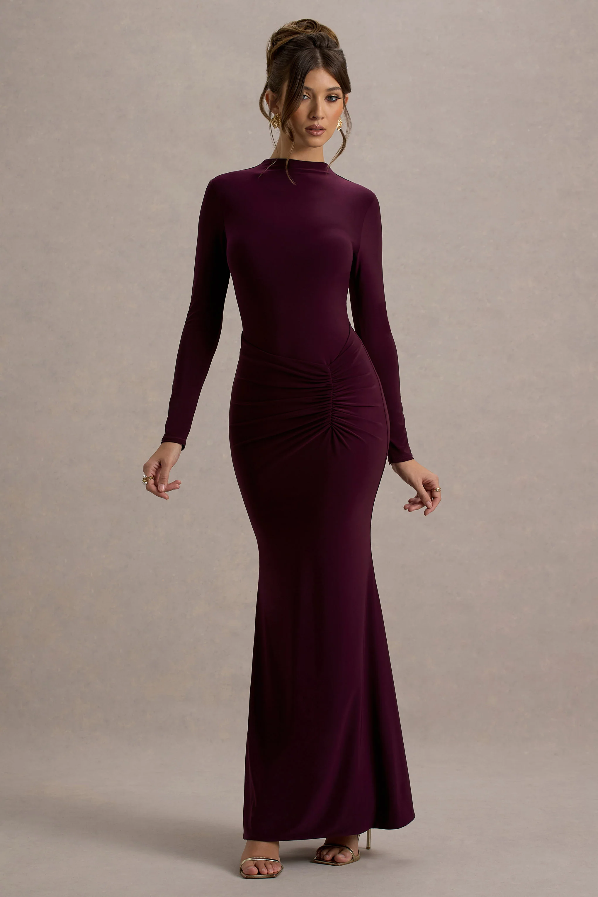Reid | Plum Long-Sleeve Gathered Maxi Dress