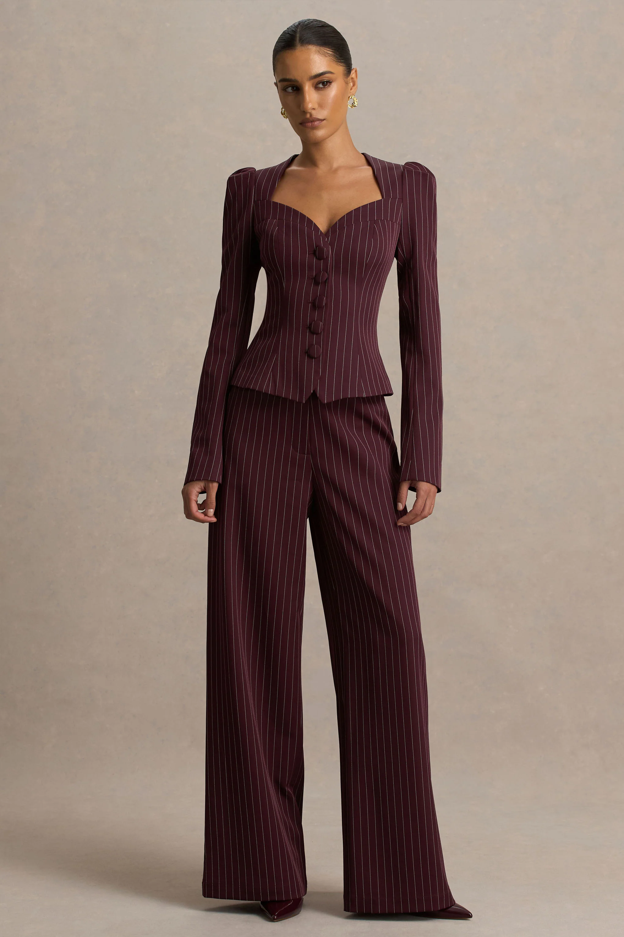 Asteria | Burgundy Pinstripe Wide-Leg Trousers
