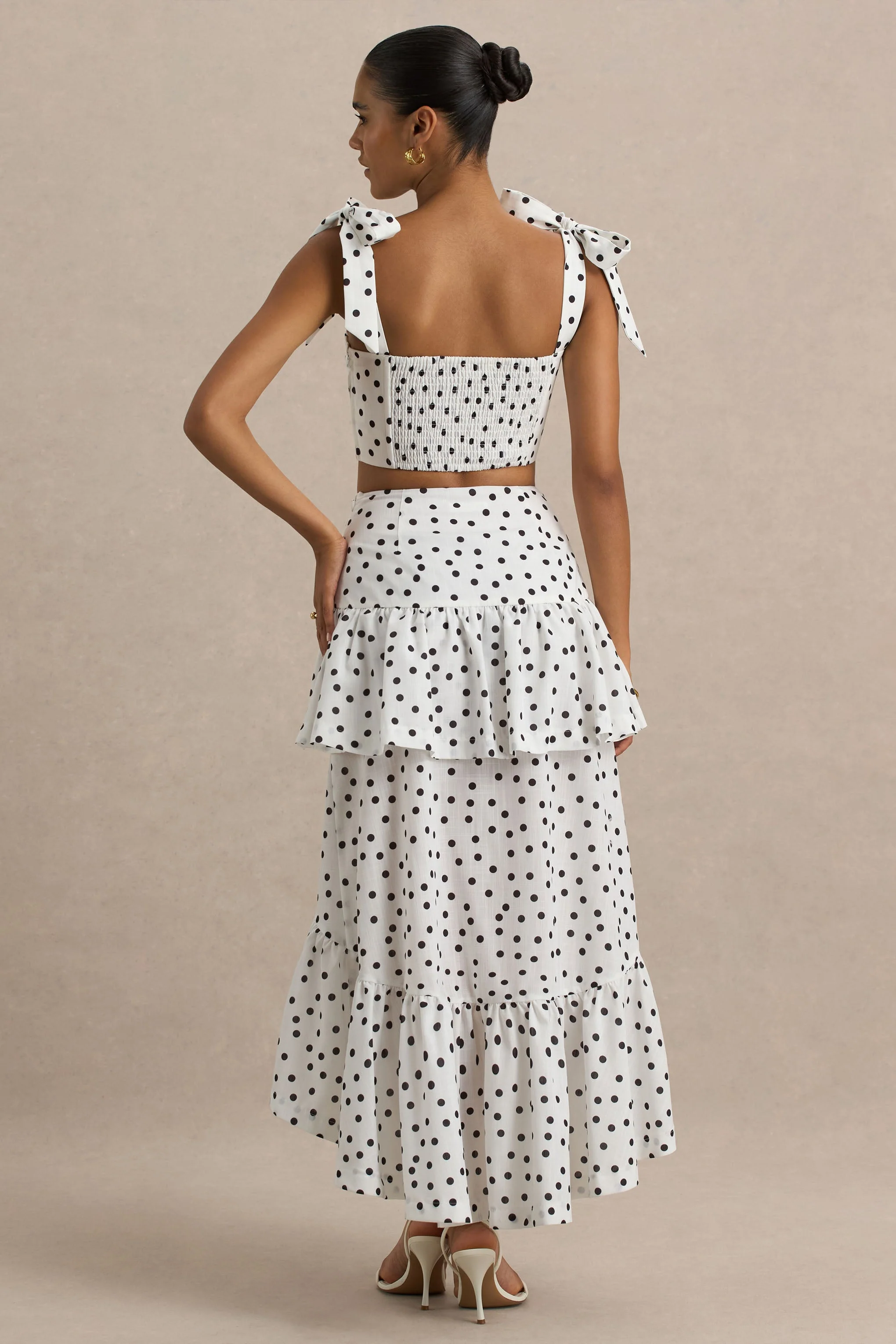 Emry | White Polka Dot High-Waist Maxi Skirt With Ruffle Detail