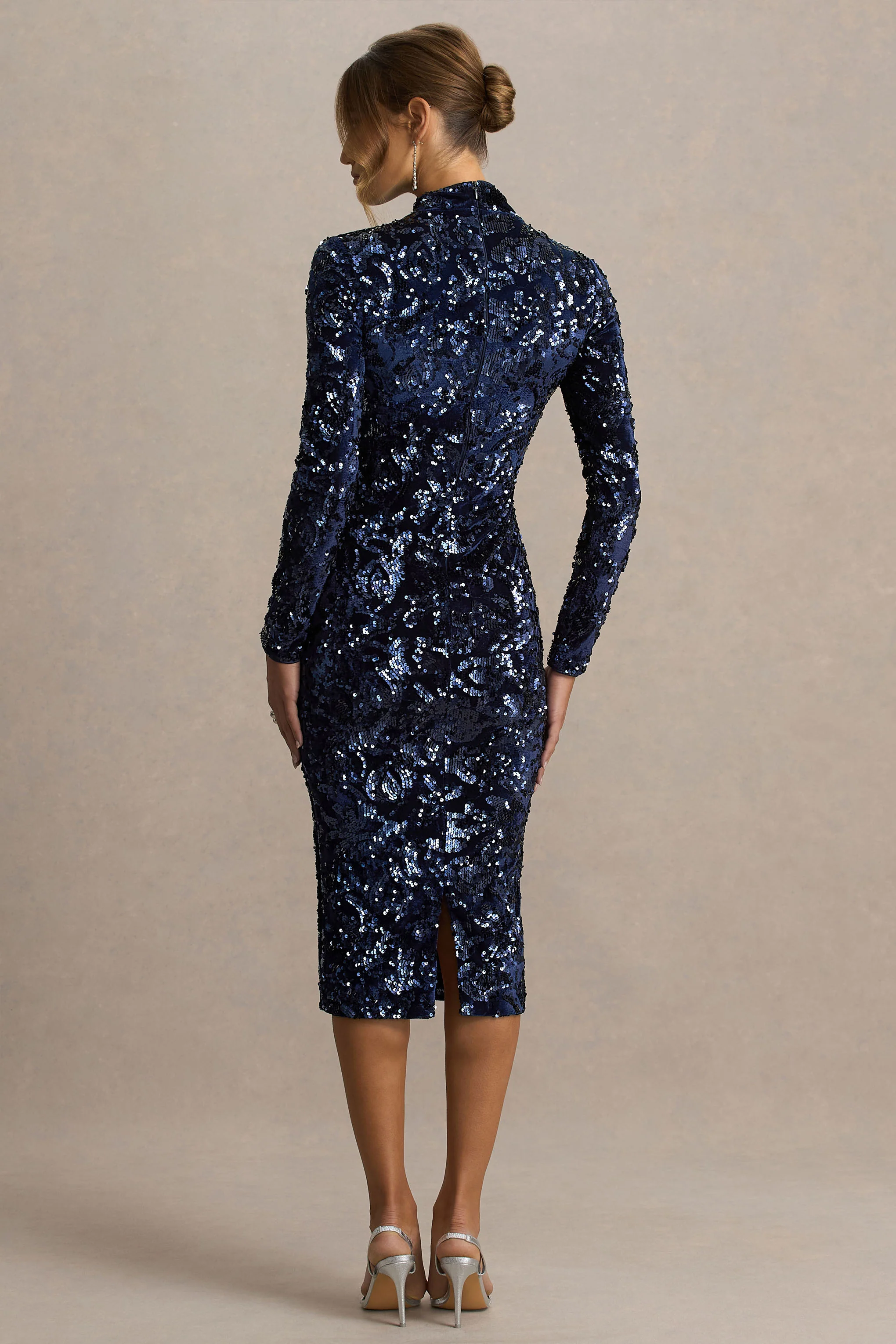 Alanita | Navy Velvet And Sequin High-Neck Midi Dress With Long Sleeves