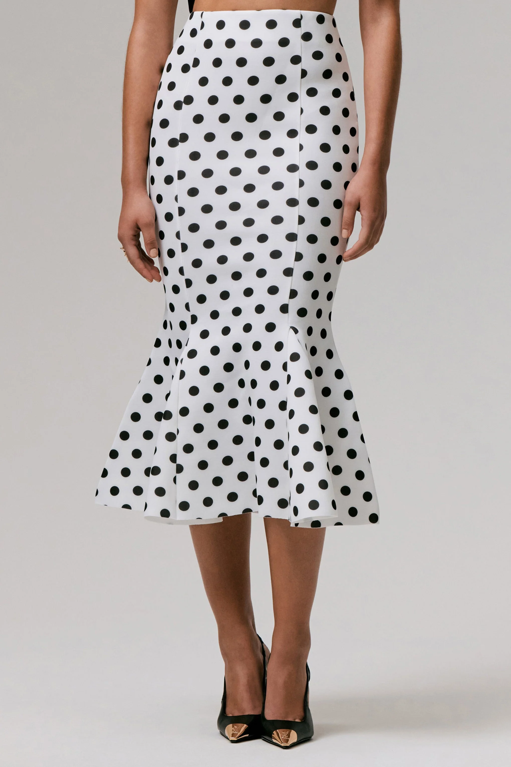 Amadea | Black & White Polka Dot Fishtail Midi Skirt