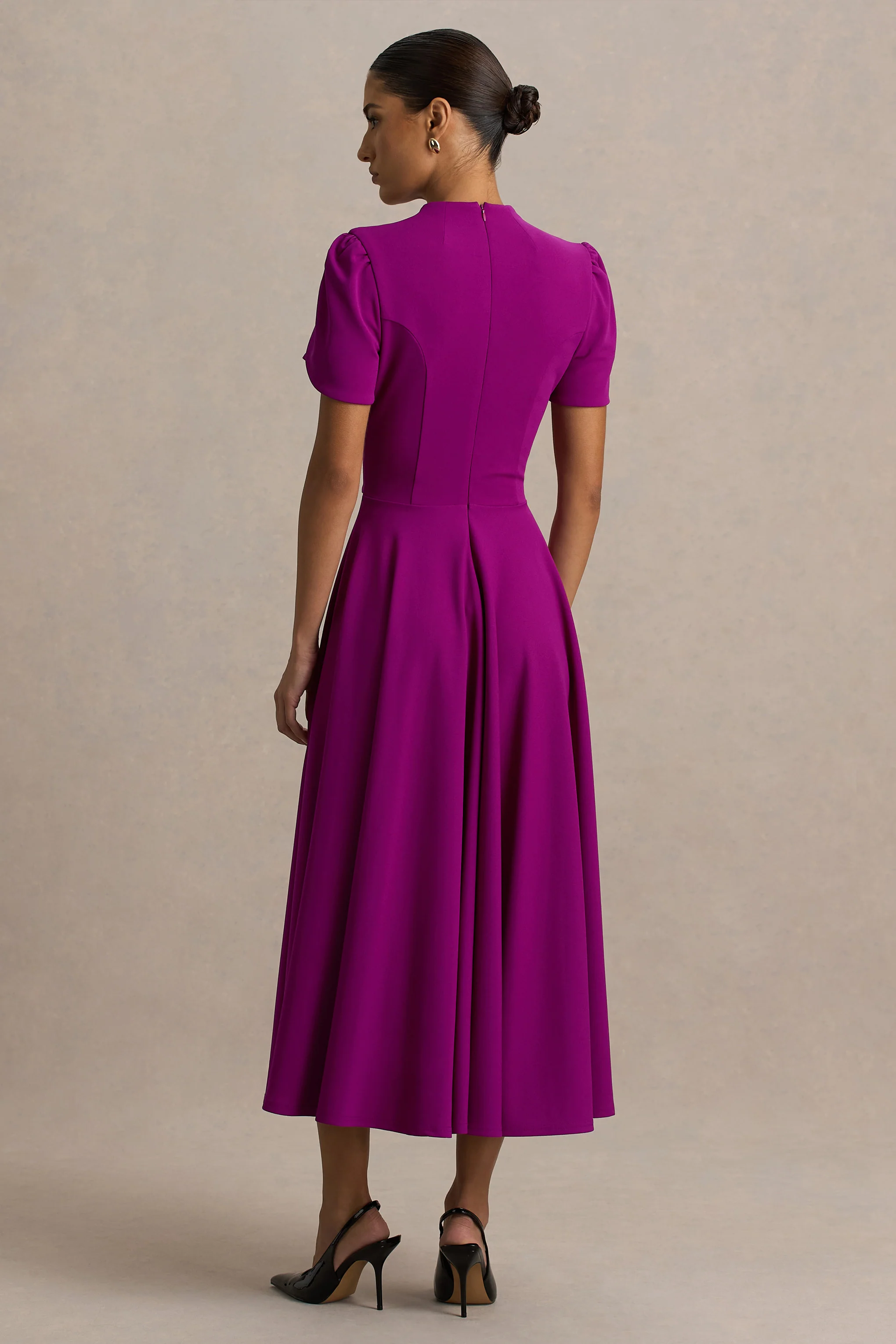 Vicky | Mulberry High Neck Midi Dress With Puff Sleeves