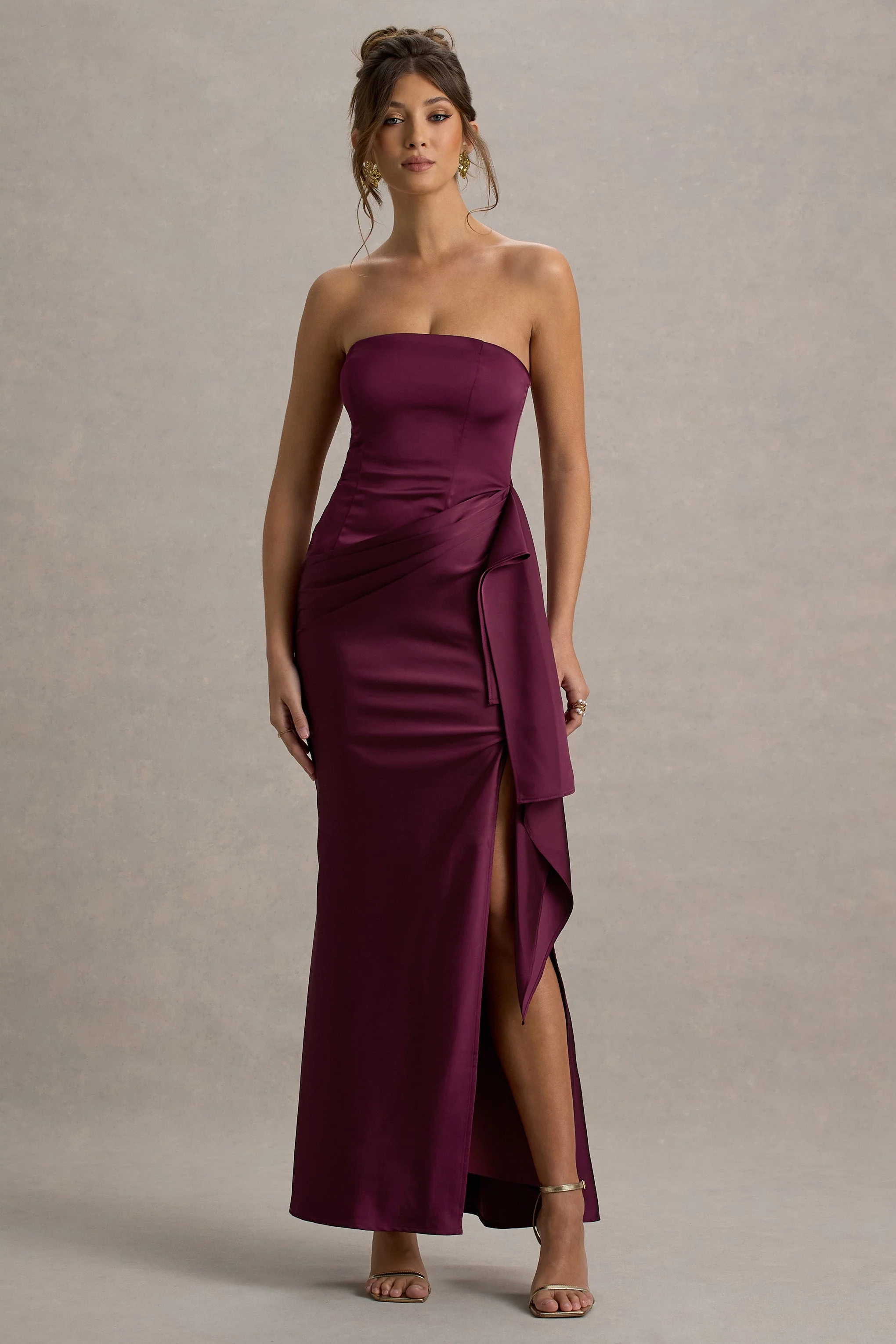 Loz | Burgundy Satin Bandeau Draped Maxi Dress