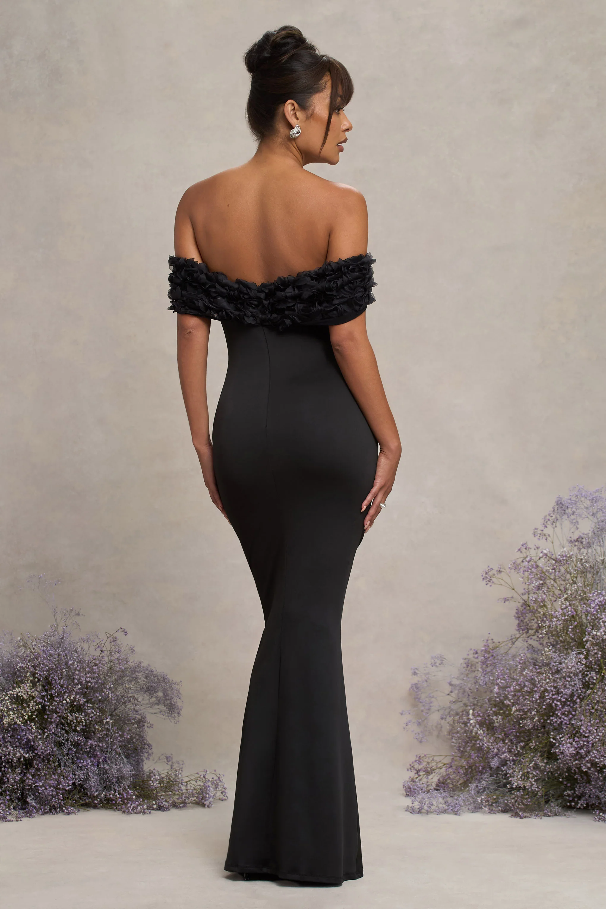 Inflorescence | Black Mesh Floral Bardot Maternity Maxi Dress