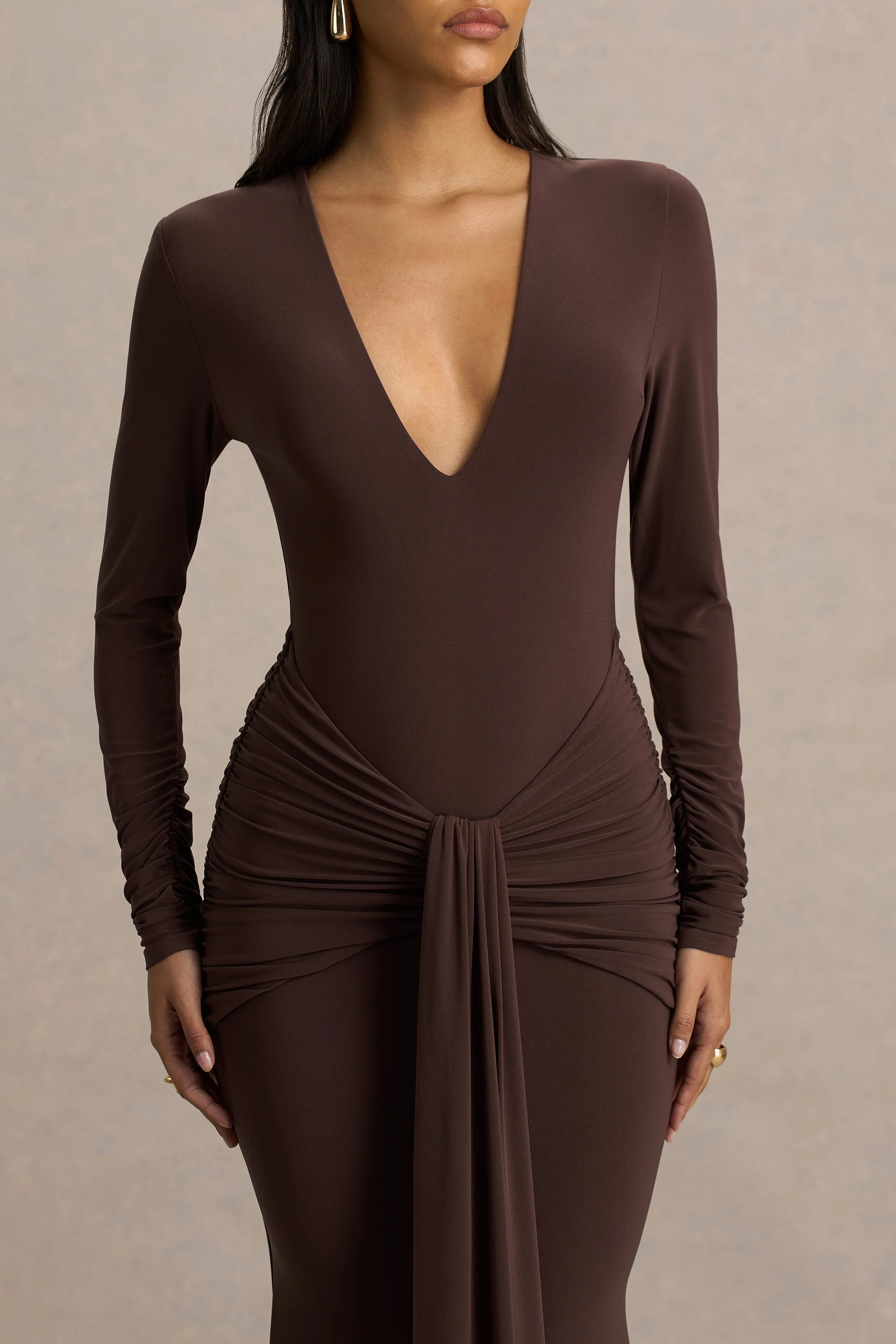 Saffie | Chocolate Extreme-Plunge Wrap Maxi Dress With Long-Sleeves And Ruched Detailing