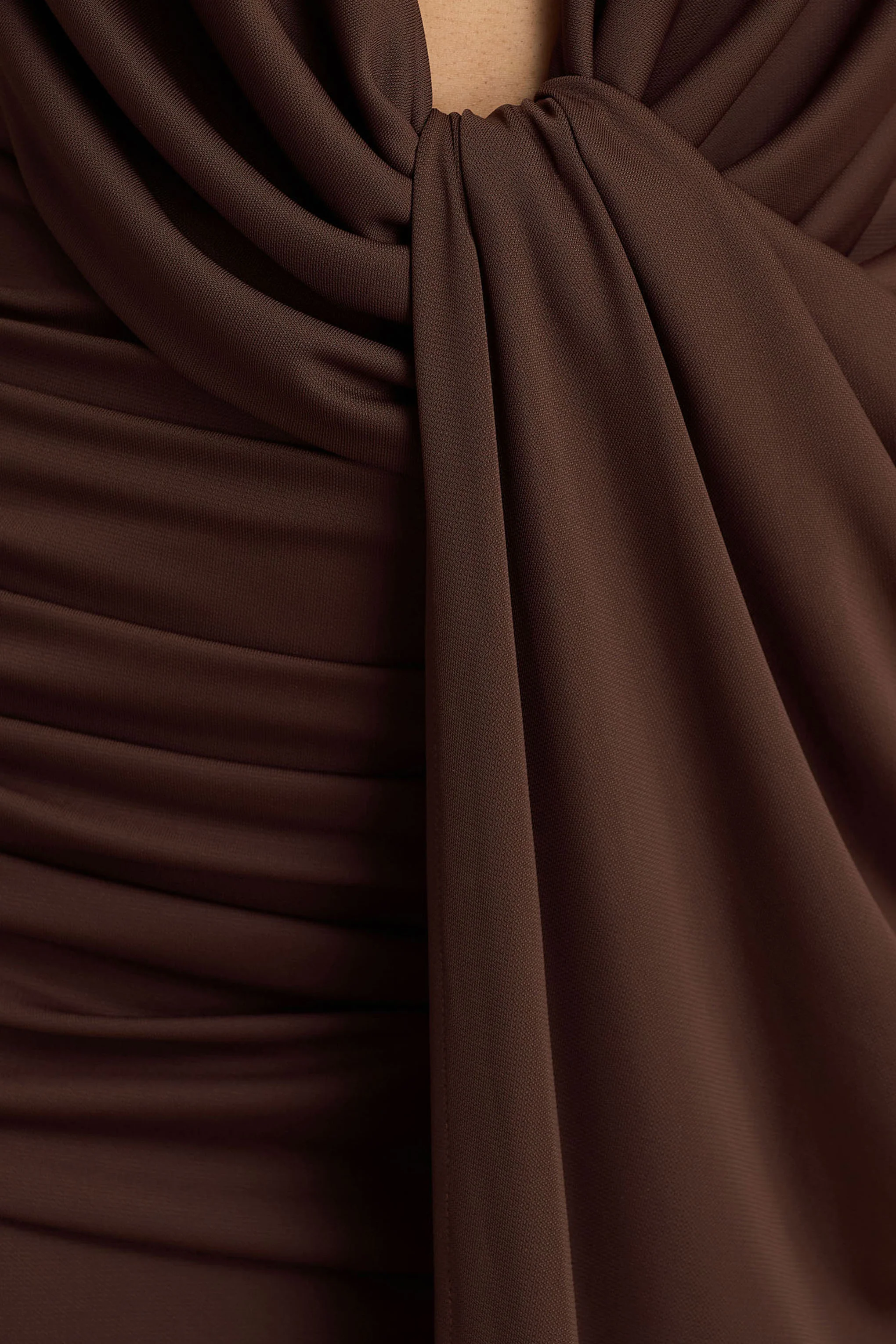 Serafina | Chocolate Extreme-Plunge Neck Maxi Dress With Wrap And Ruched Details