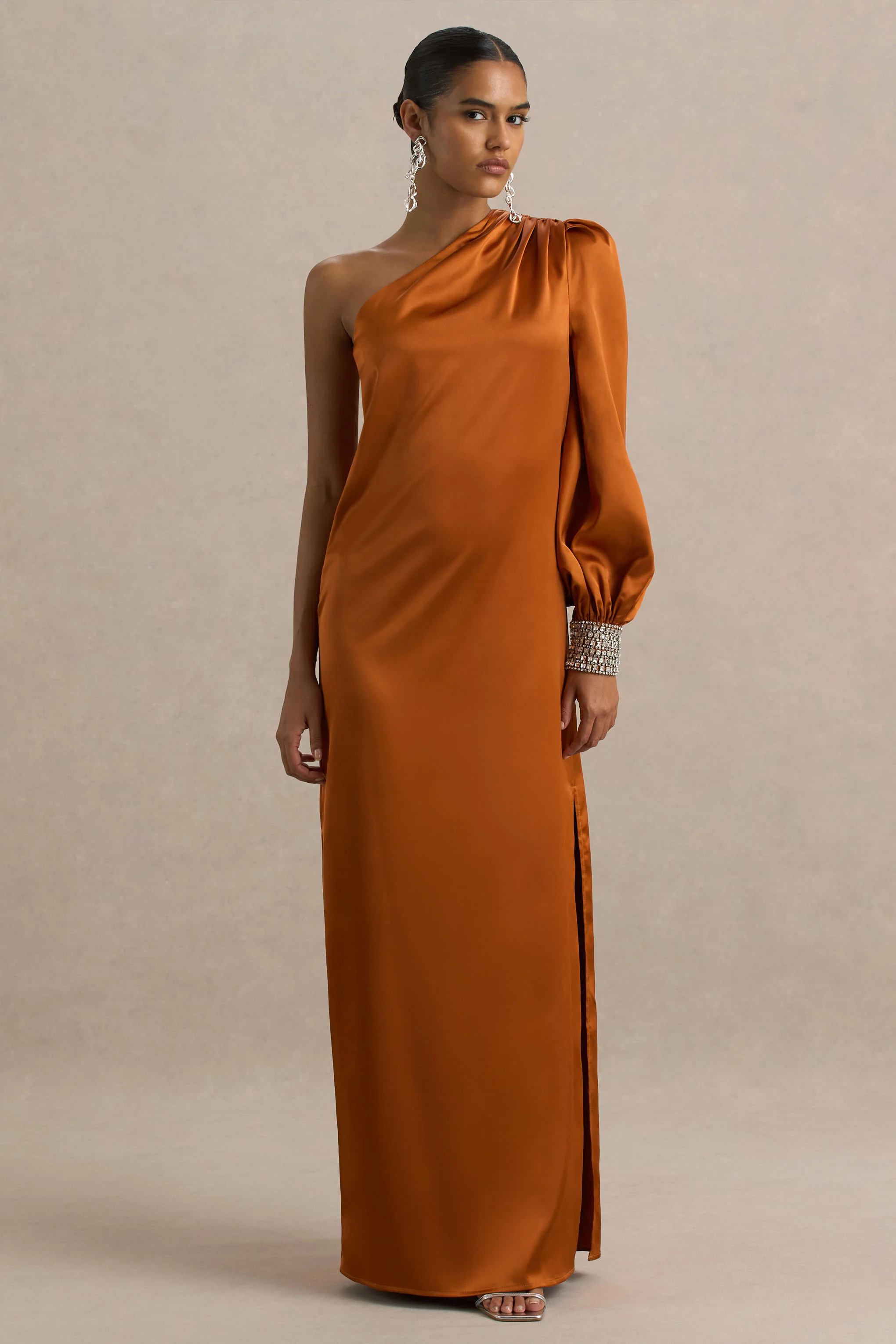 Thelma | Orange Satin Asymmetric Maxi Dress With One-Sleeve