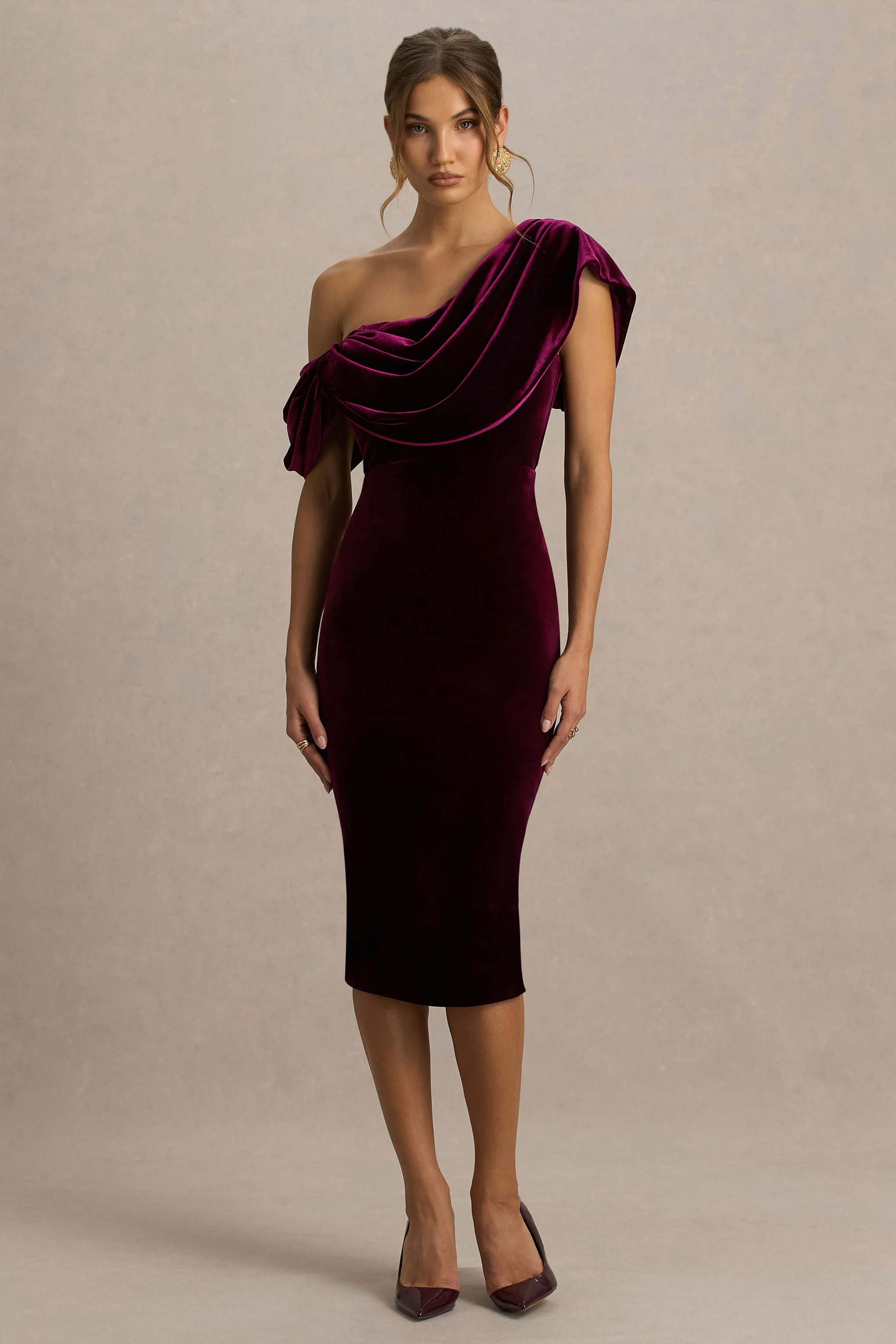 High End | Burgundy Velvet Asymmetric-Neck Midi Dress With Draped Detailing