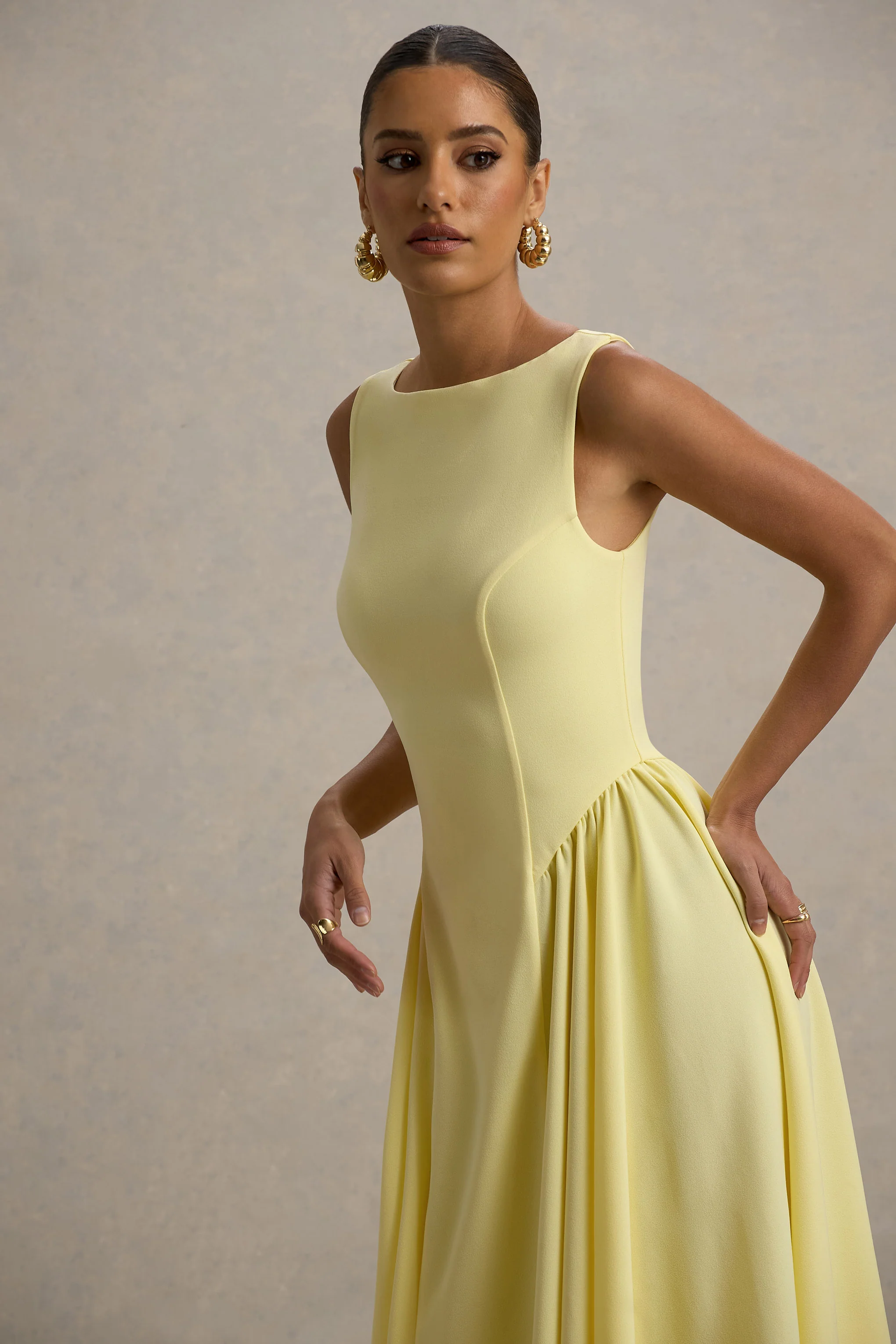 Muriel | Lemon Boat-Neck Volume-Hem Midi Dress
