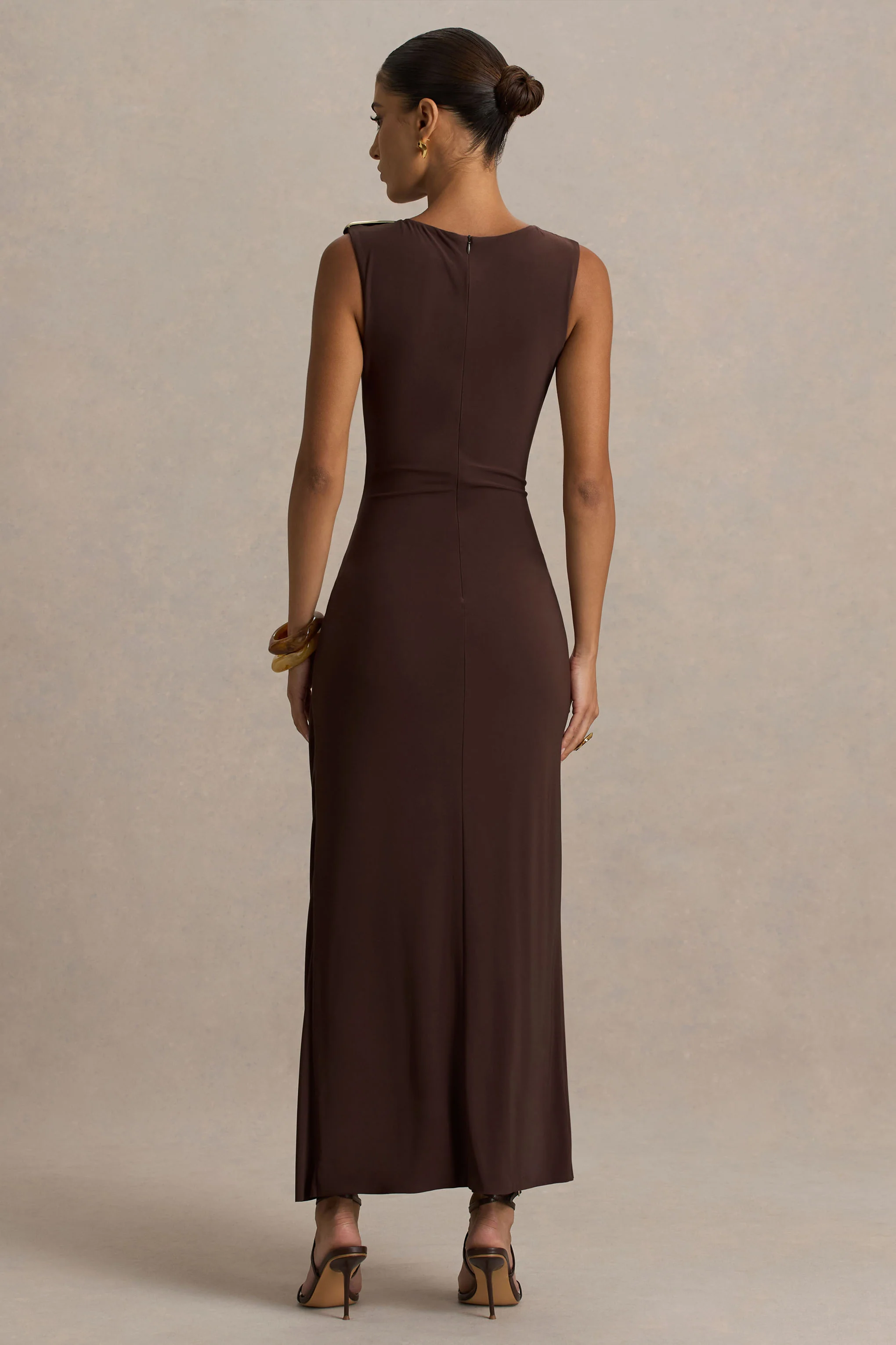 Fiora | Brown High-Neck Maxi Dress With Metal Detail