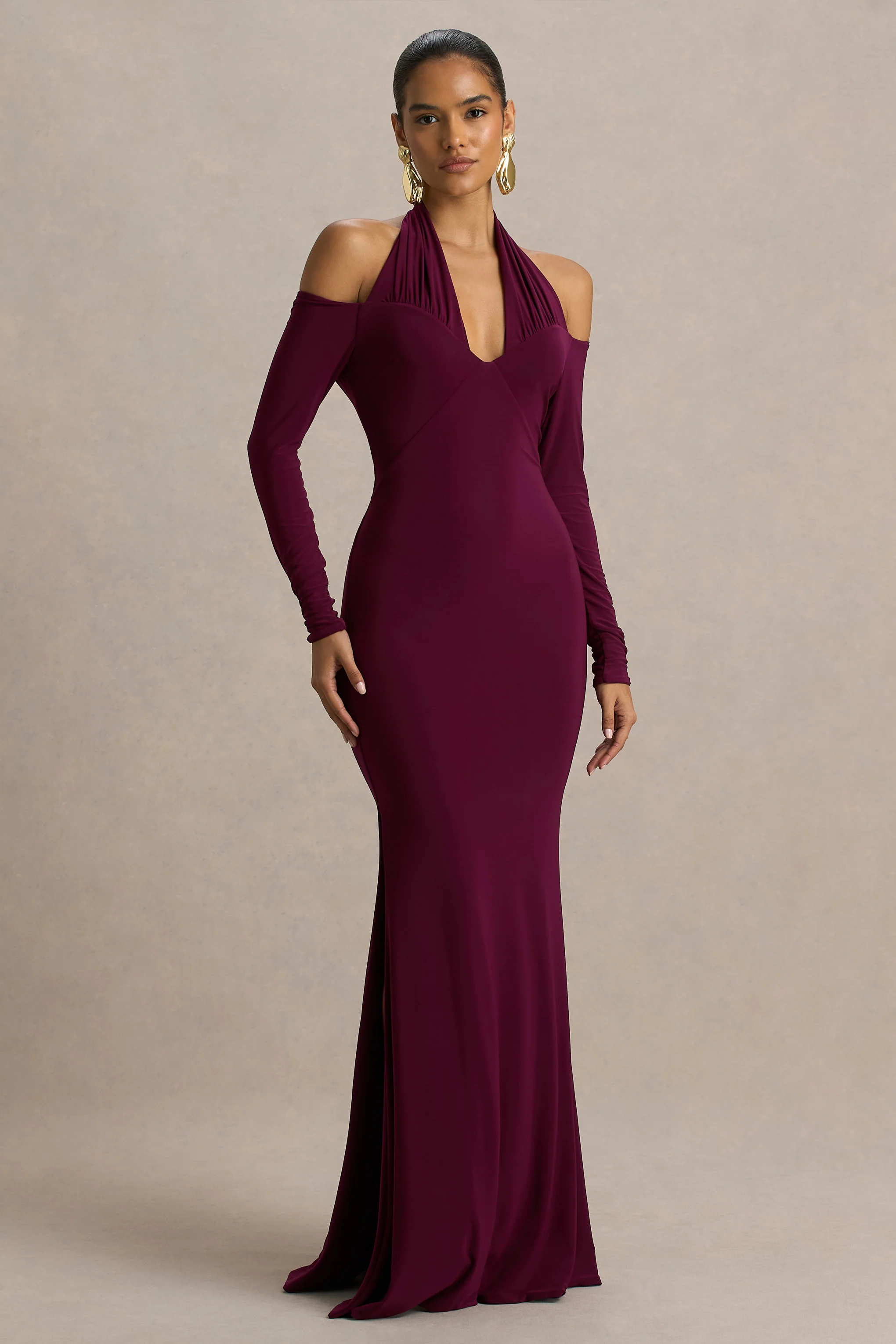 Living High | Burgundy Halter-Neck Maxi Dress With Long Sleeves