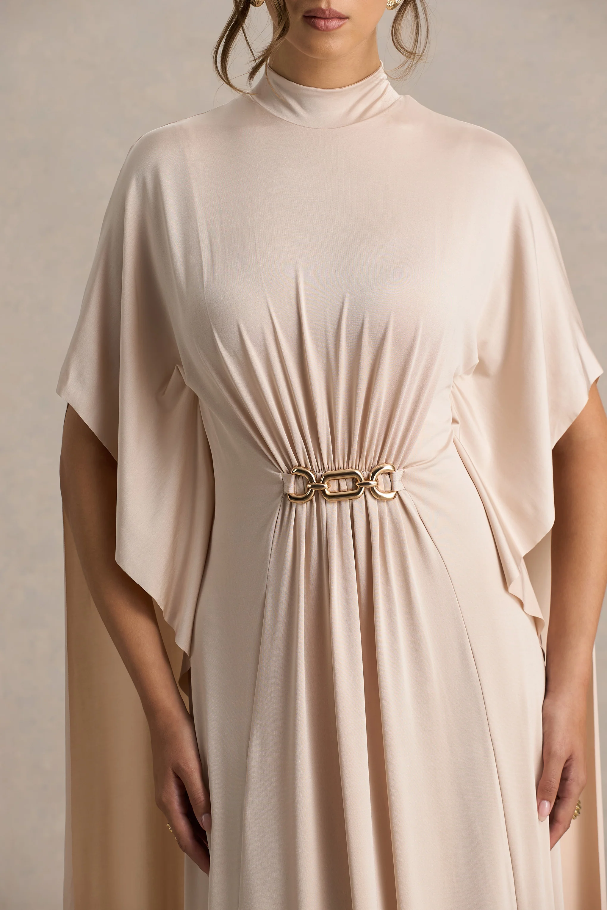 Olessia | Champagne Belted Gathered Cape-Sleeve Maxi Dress