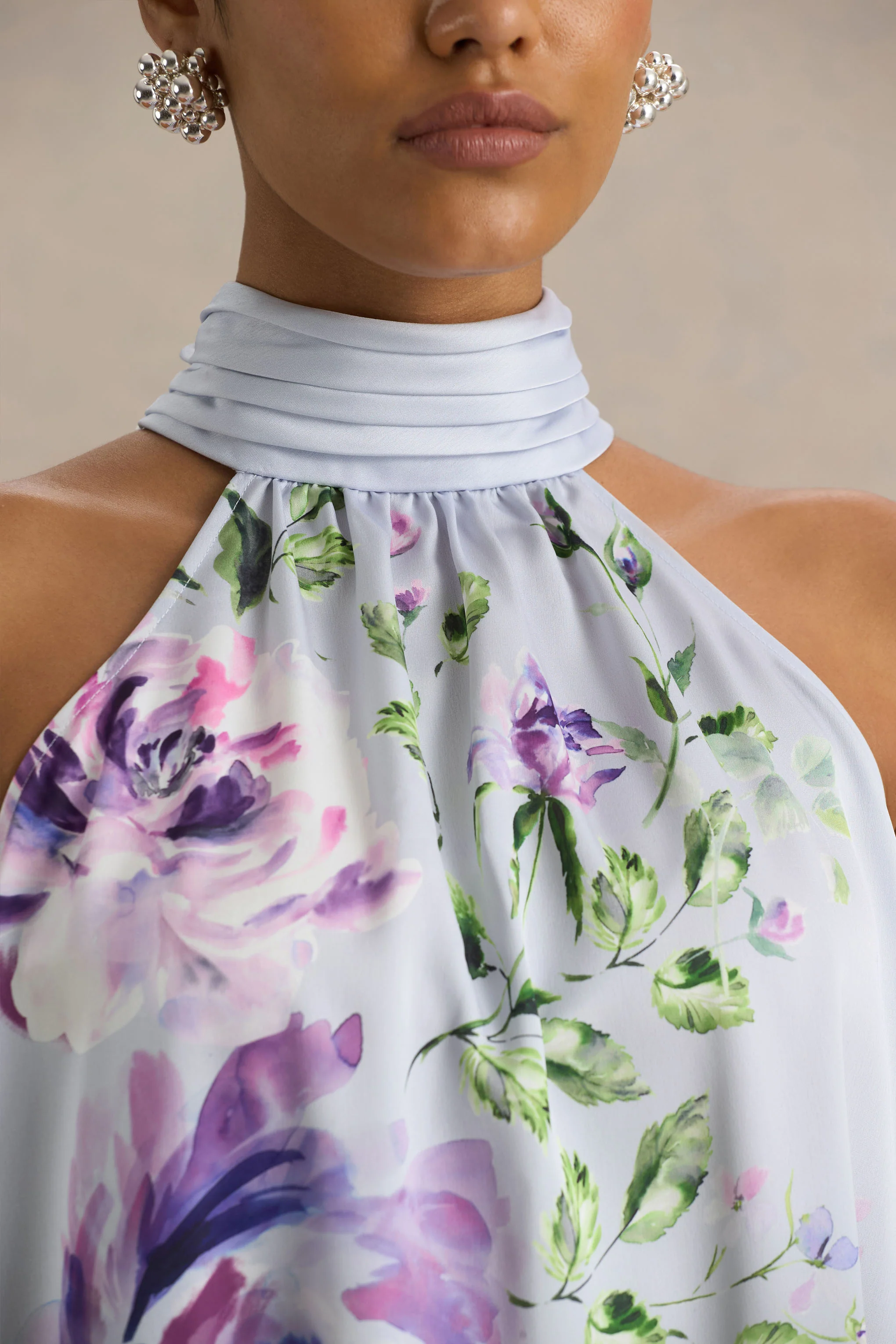 Evita | Powder Blue Rose Print High-Neck A-Line Mini Dress With Bow