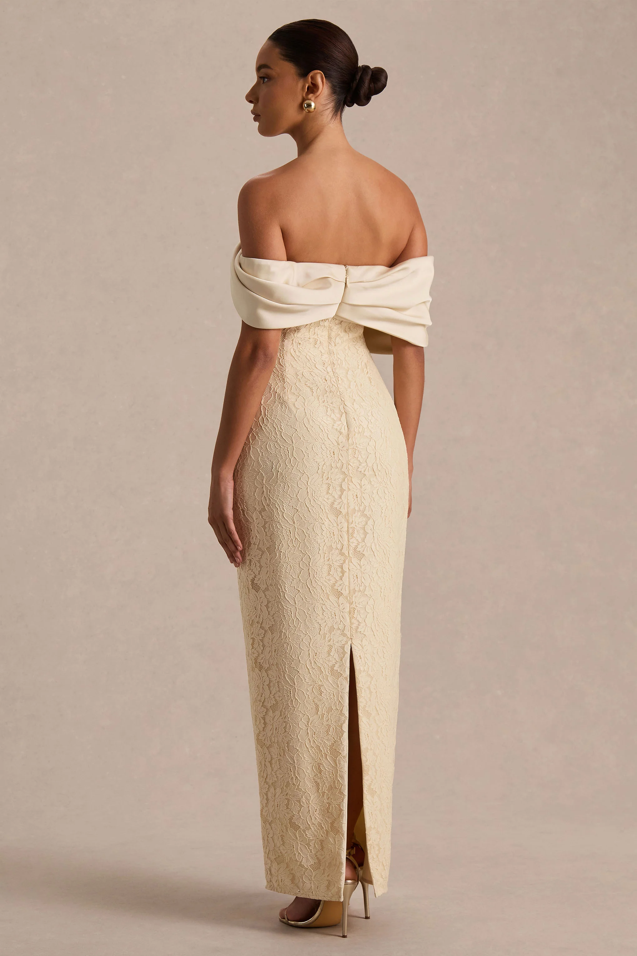 Solora | Cream Lace Twisted Bardot-Neck Maxi Dress