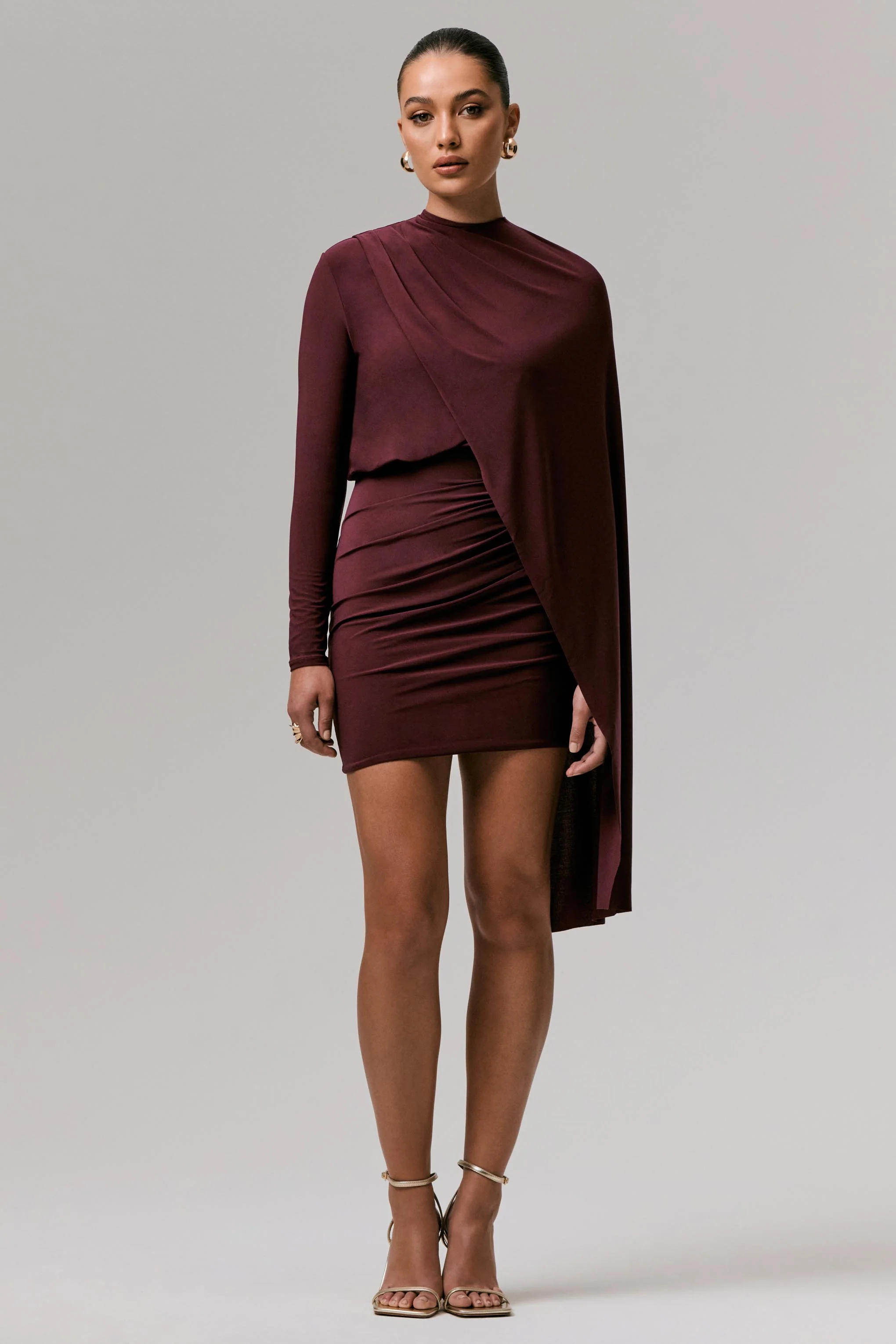 Celeste | Burgundy Long-Sleeve Mini Dress With Cape Sleeve