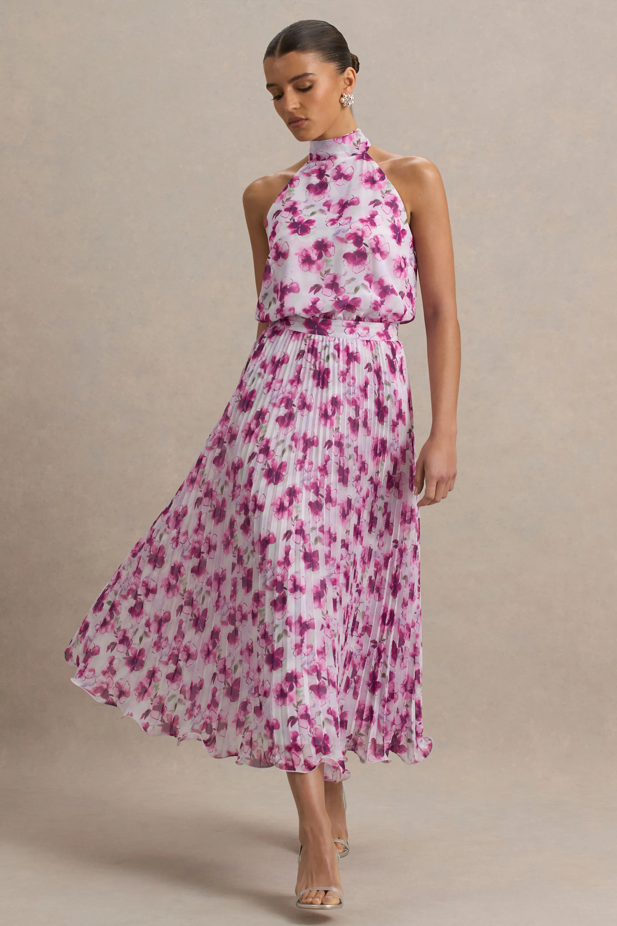 Refractive | Purple Floral Print Satin Maxi Dress With Halter-Neck and Pleated Skirt