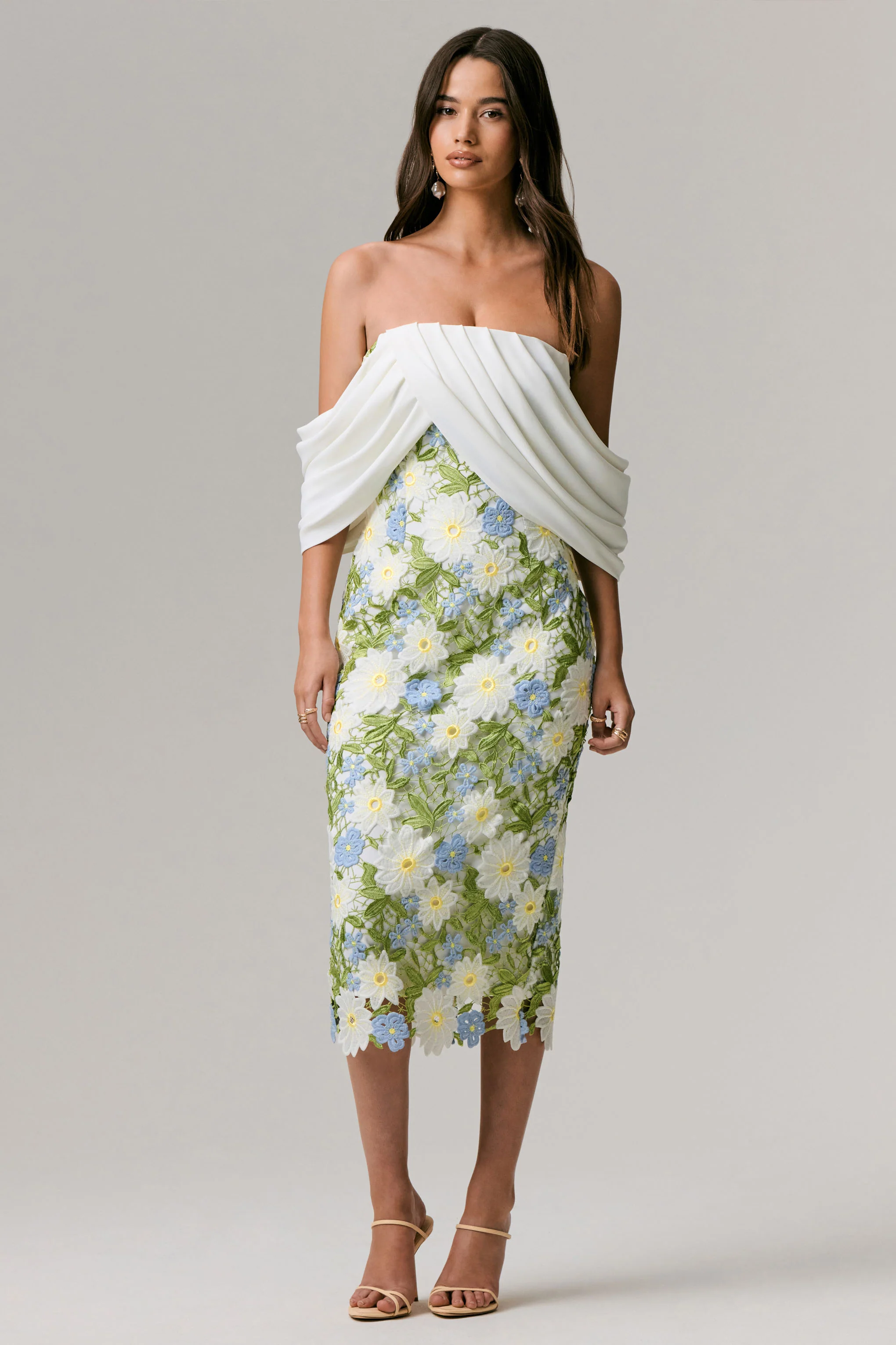 Entitled | Cream Floral Lace Bardot Midi Dress