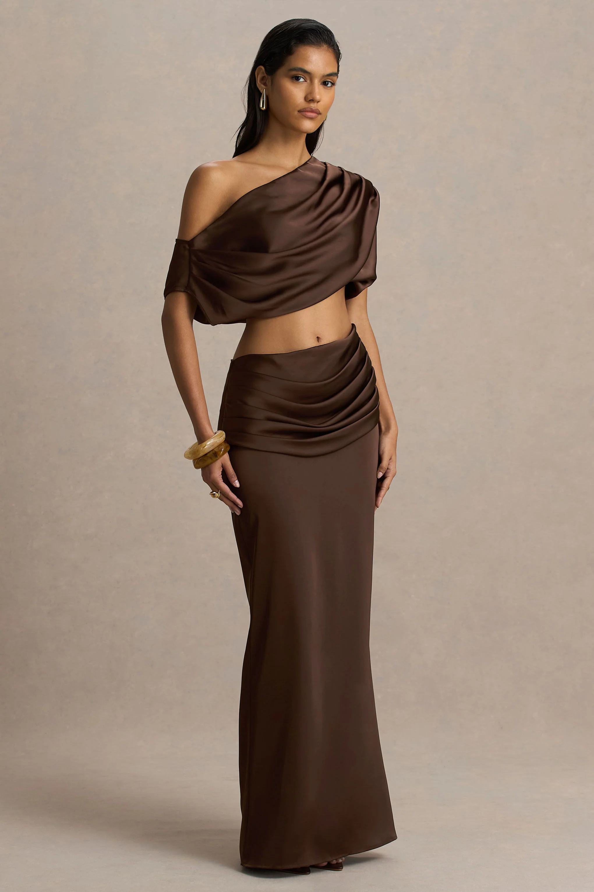 Megan | Brown Satin Wrap Maxi-Skirt With Ruched Detailing