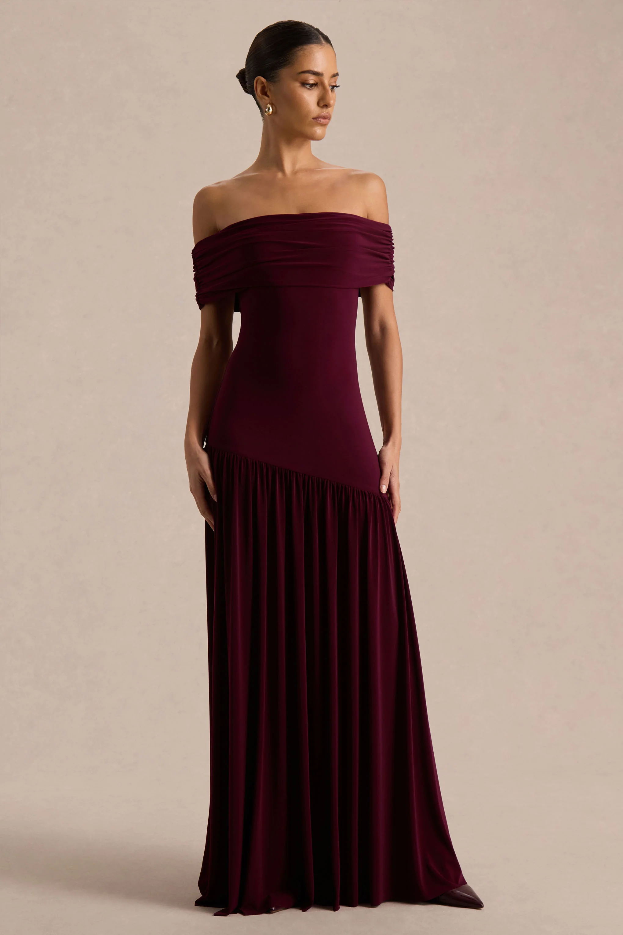 Venezia | Burgundy Bardot Puff-Skirt Maxi Dress