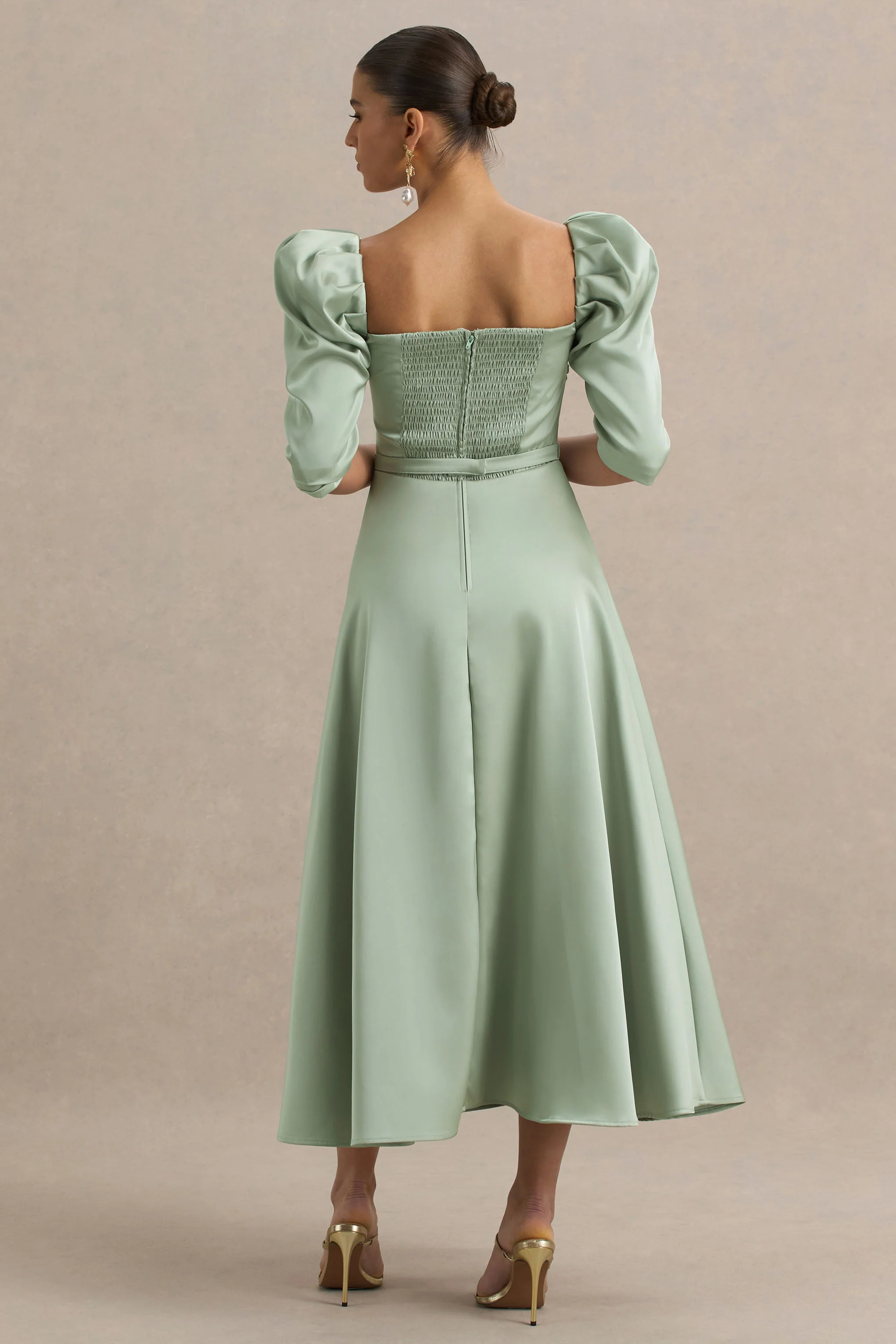 Rosey | Green Satin Sweetheart Midi Dress