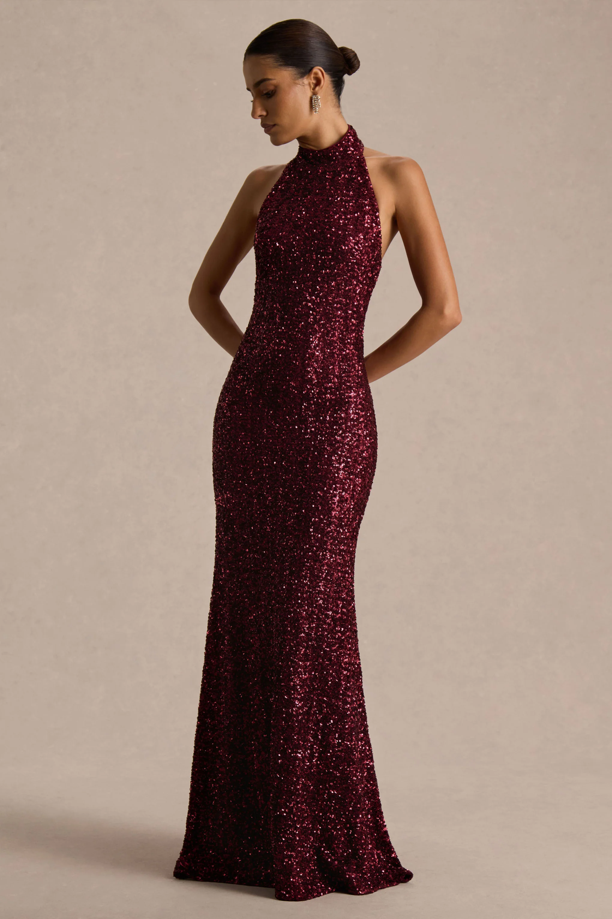 Tulia | Burgundy Sequin High-Neck Maxi Dress