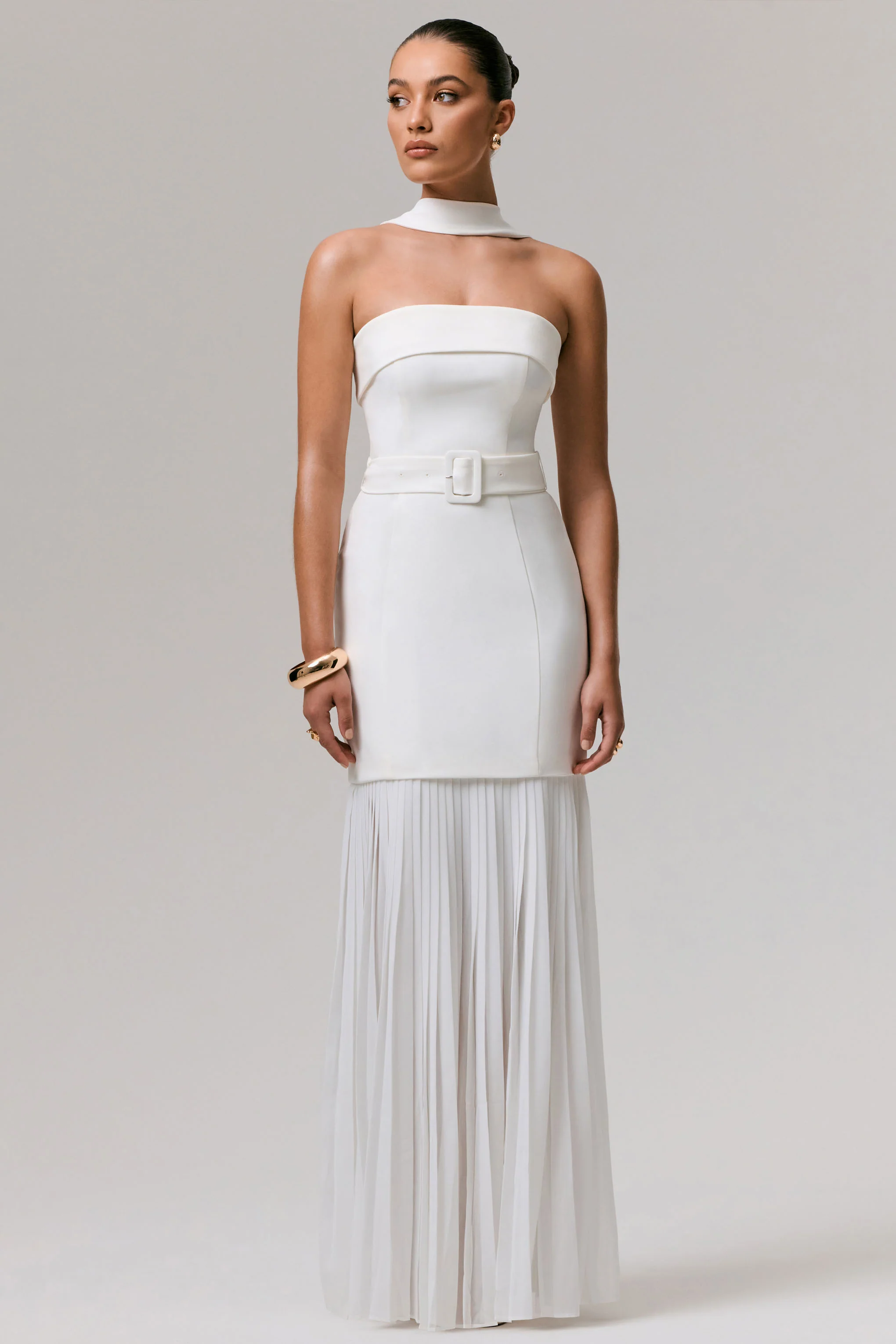 Jaquetta | White Belted Maxi Dress With Pleated Chiffon Skirt