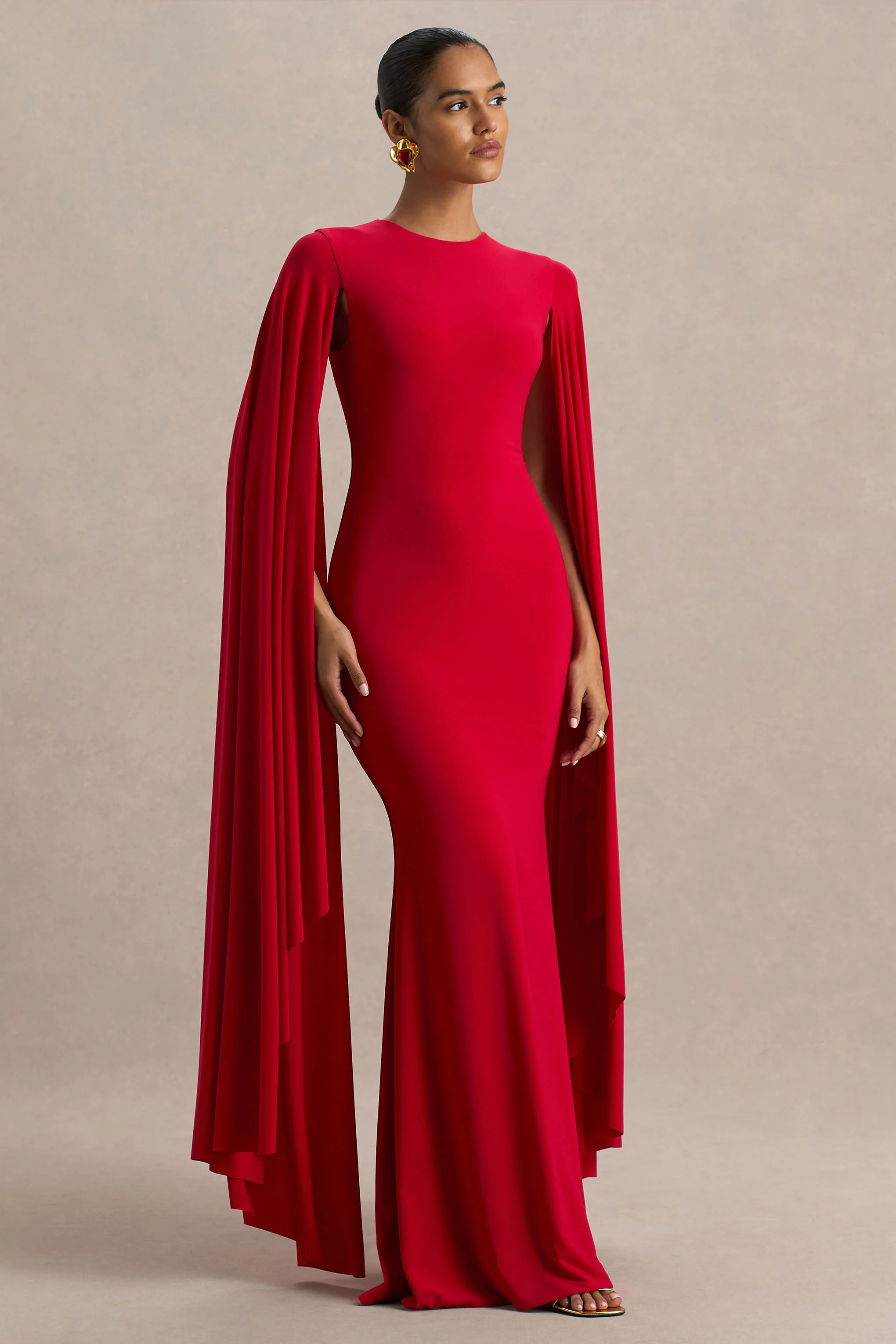 Briony | Red Crew-Neck Maxi Dress With Cape Sleeves