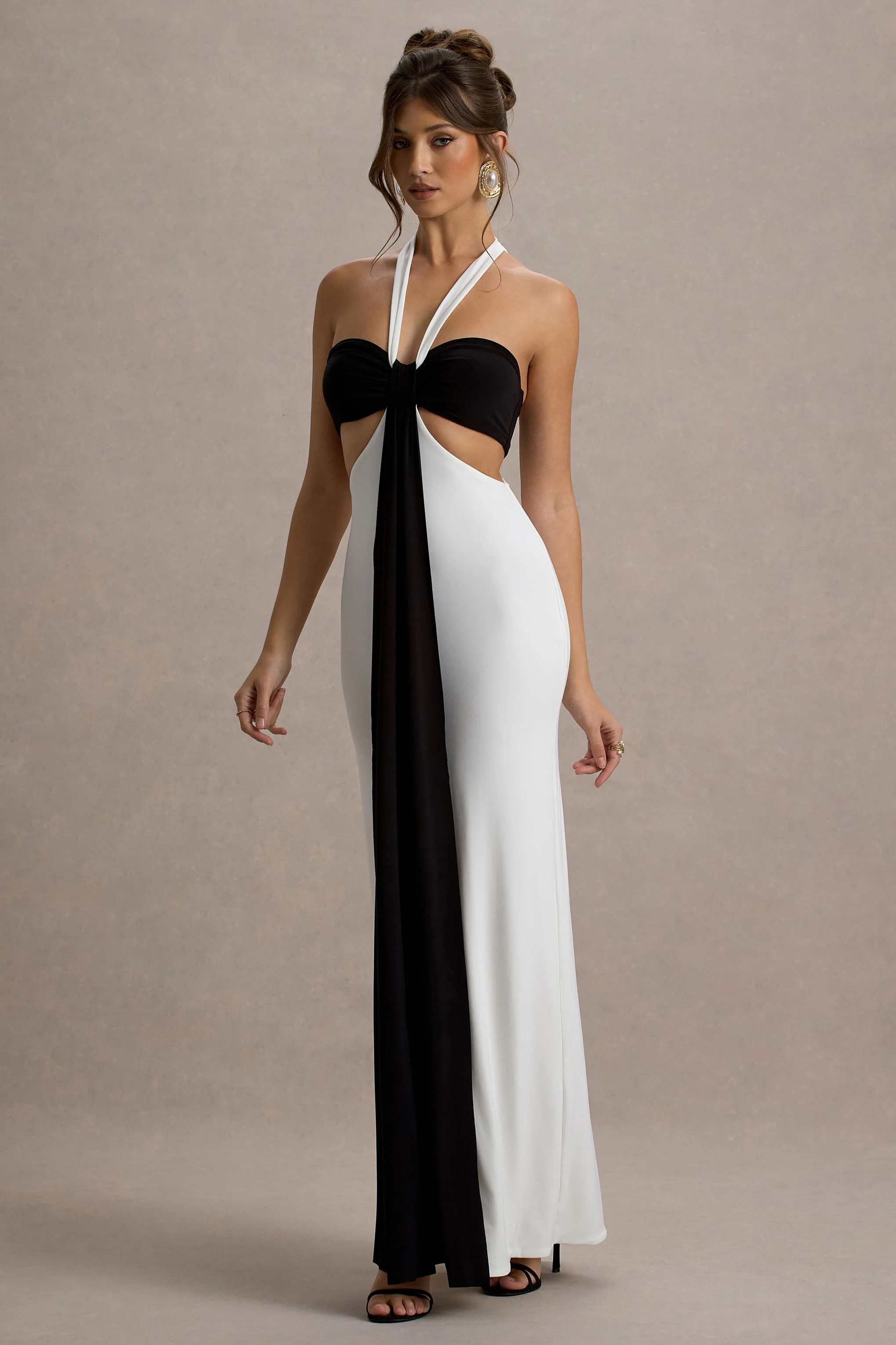 Acentis | Black & White Halter-Neck Cut-Out Maxi Dress