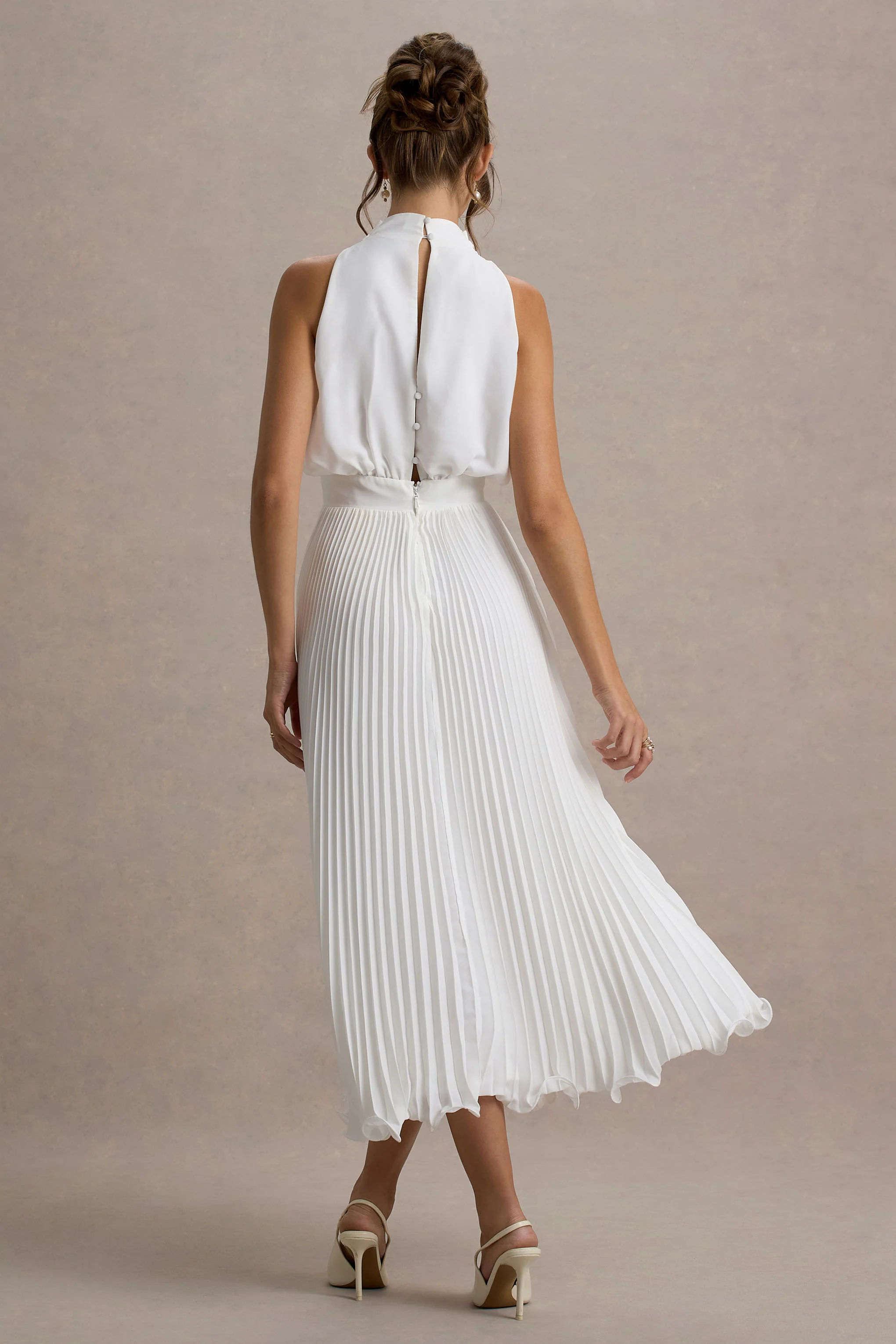 Nila | White Cowl-Neck Midi Dress With Plisse Skirt