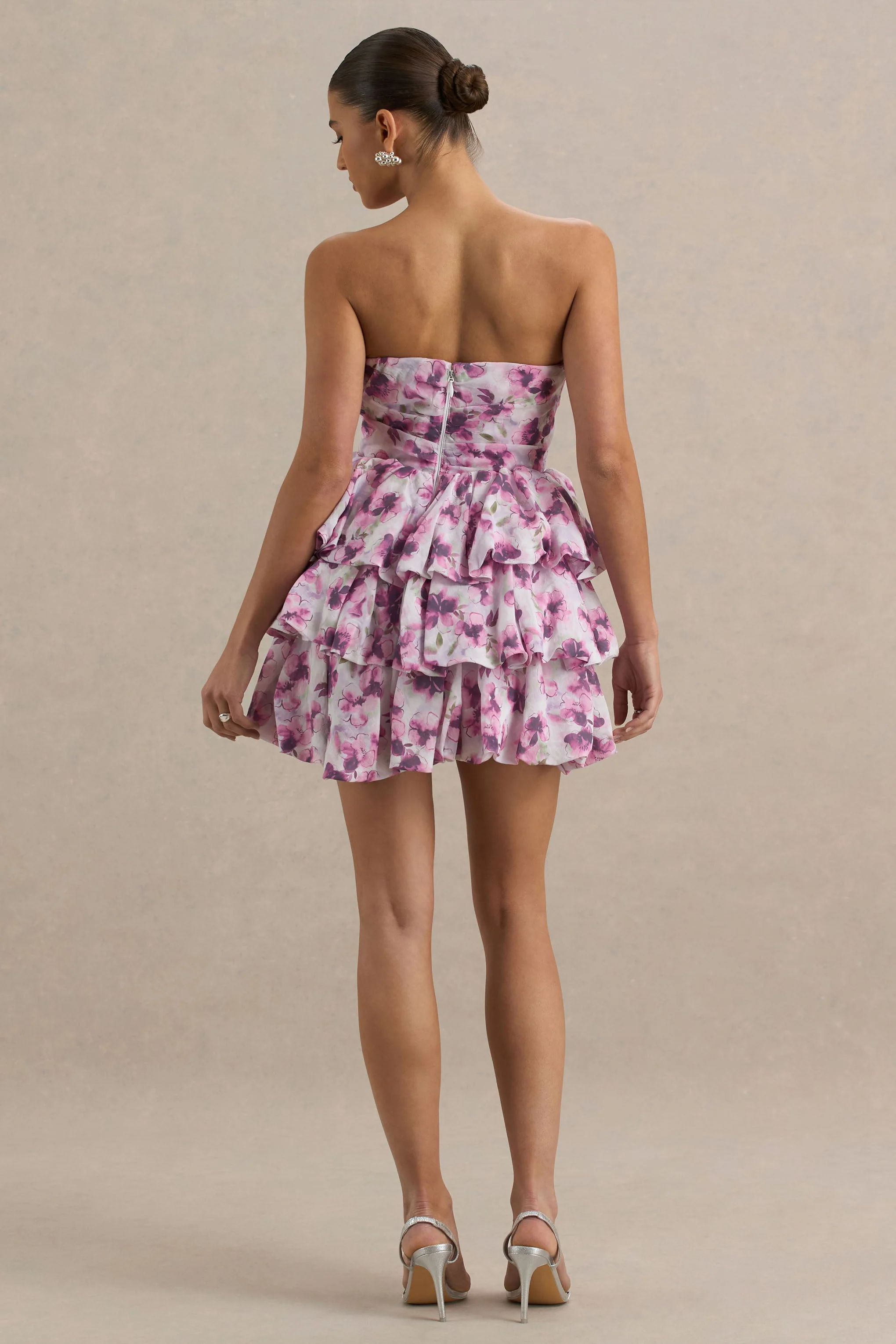 Swirl | Cream Floral Print Bandeau Puffball Mini Dress With Ruffle Detail