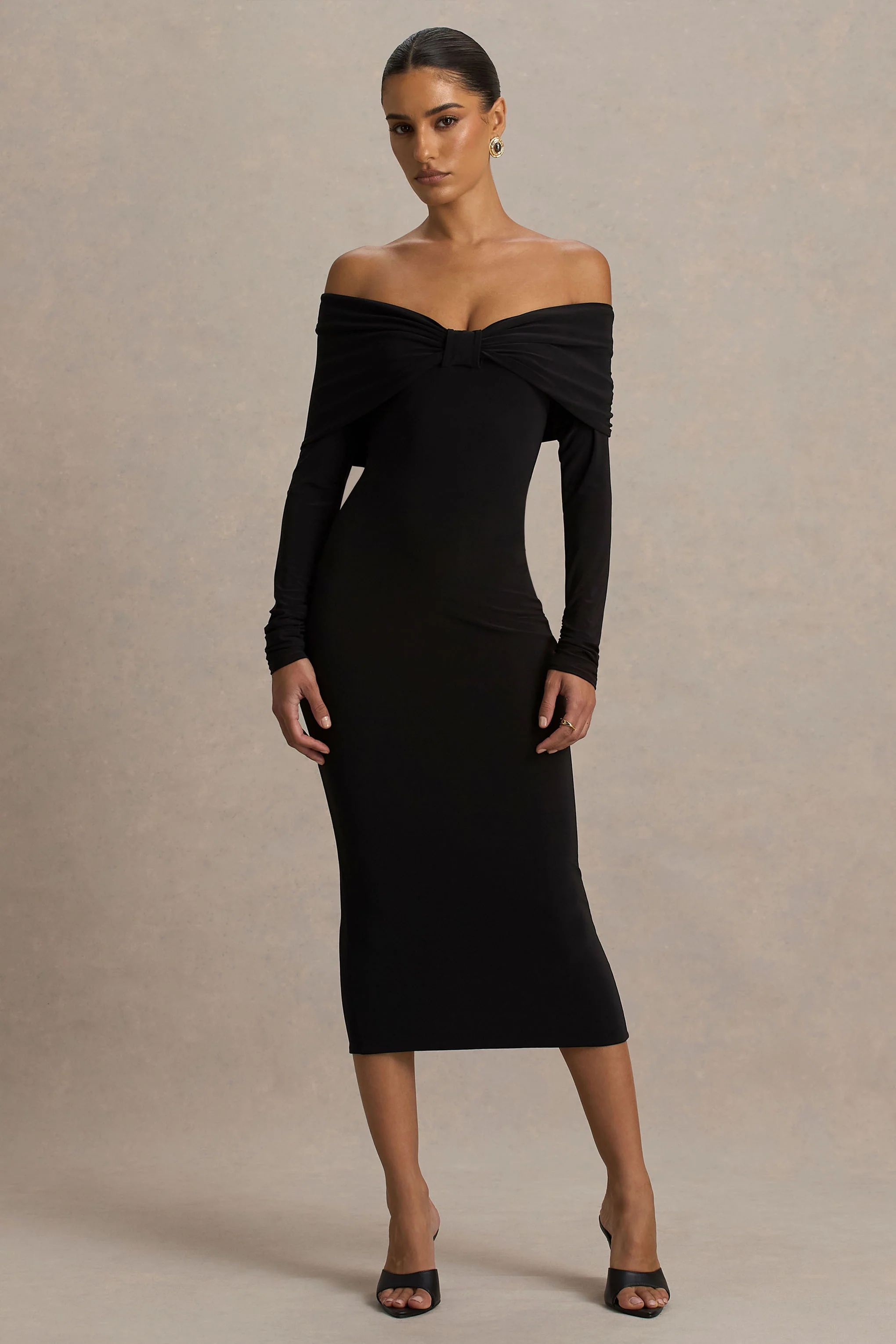 Spark | Black Bardot-Neck Midi Dress With Bow Detail