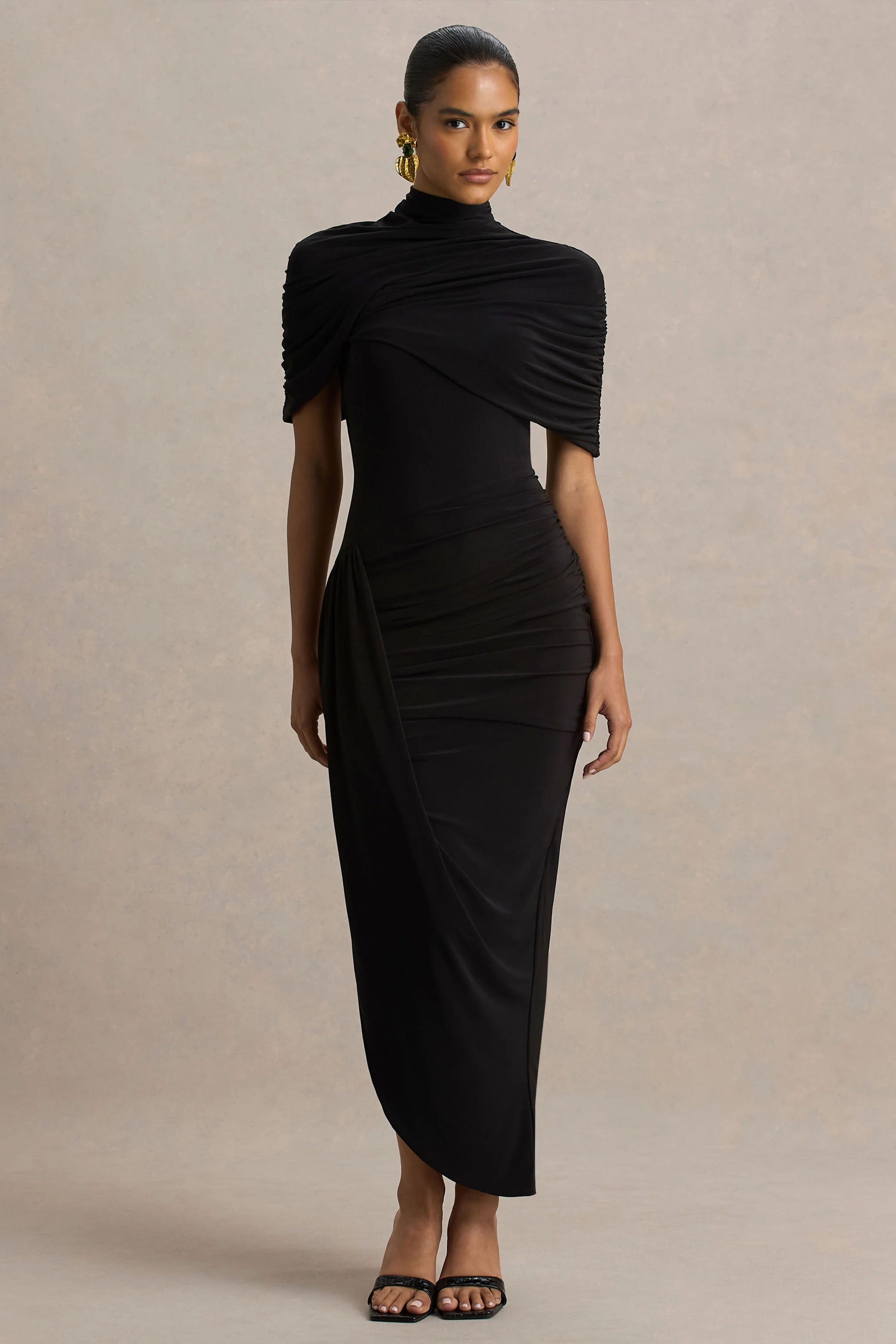 Enchant | Black Asymmetric Twisted Cape Midi Dress