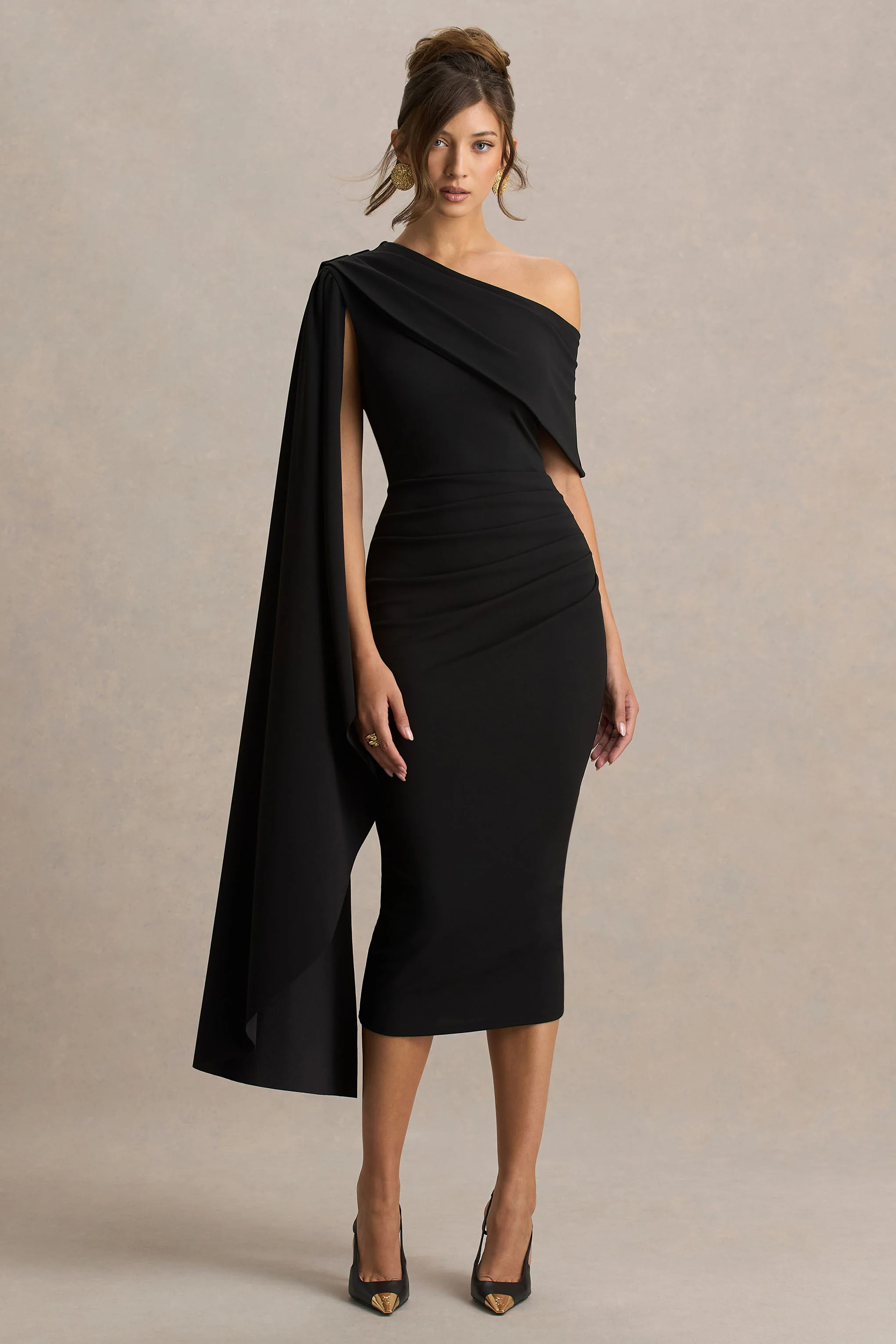 Leah | Black Asymmetric-Neck Midi Dress With Cape-Sleeve And Draped Detailing