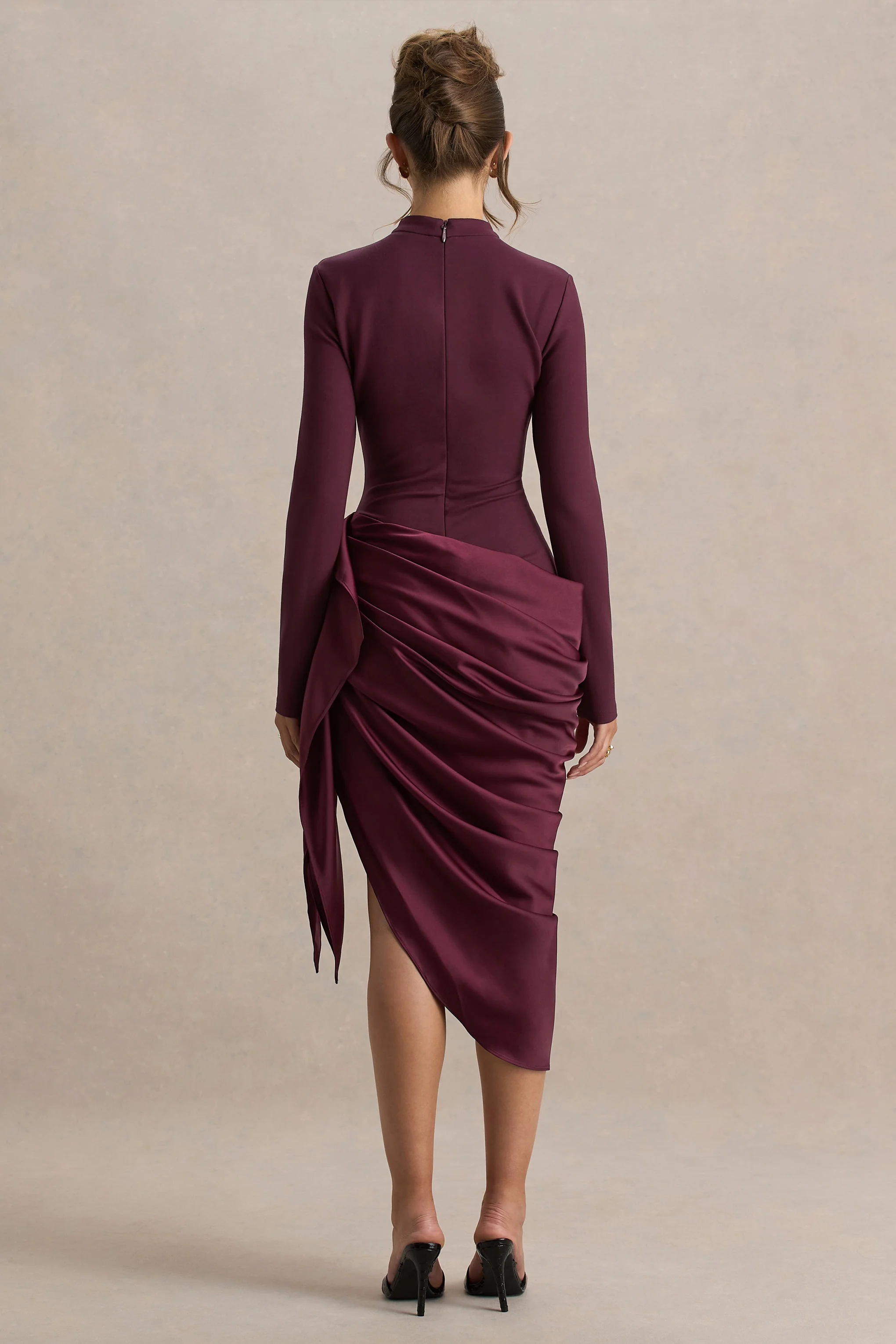 Raffie | Plum Long-Sleeve Midi Dress With Satin Wrap Skirt