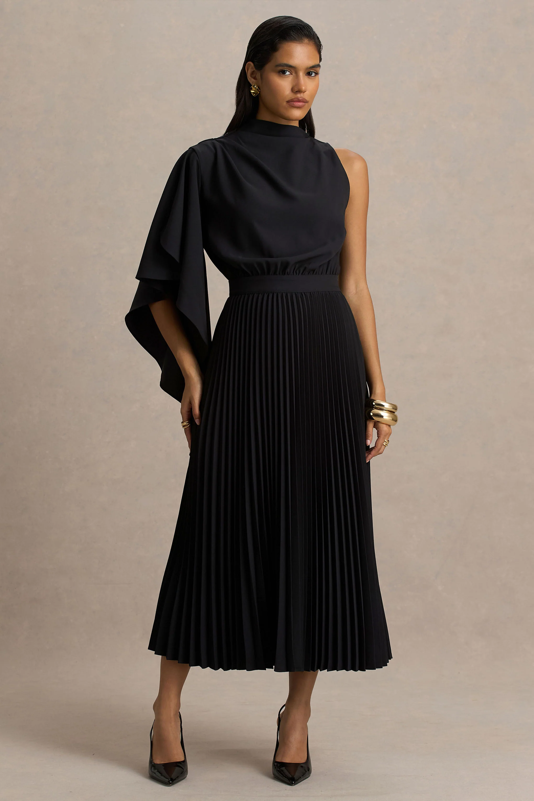 Jimena | Black High-Neck Midi Dress With One-Long Sleeve And Pleated Detailing