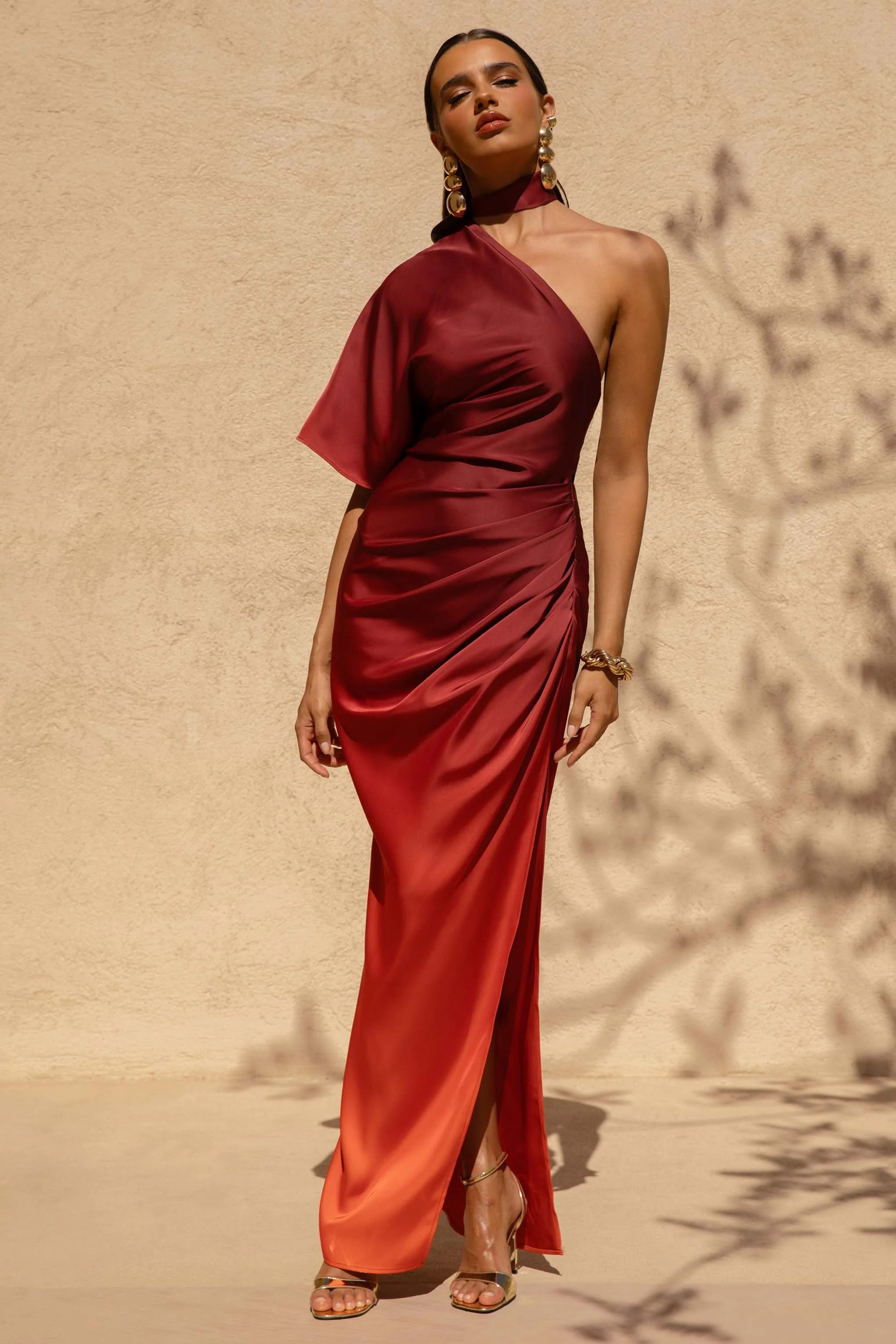Coralie | Red and Orange Ombre Satin Asymmetric Maxi Dress